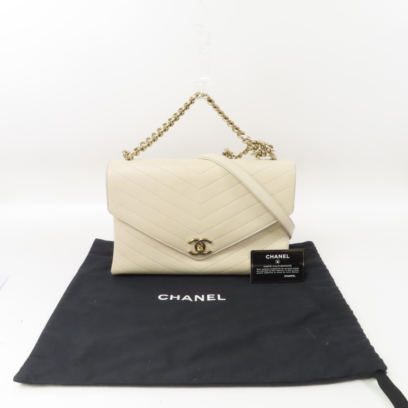 CHANEL 【激減優惠】斜紋牛皮皮革Chain Shoulder金扣手挽肩背兩用袋米色