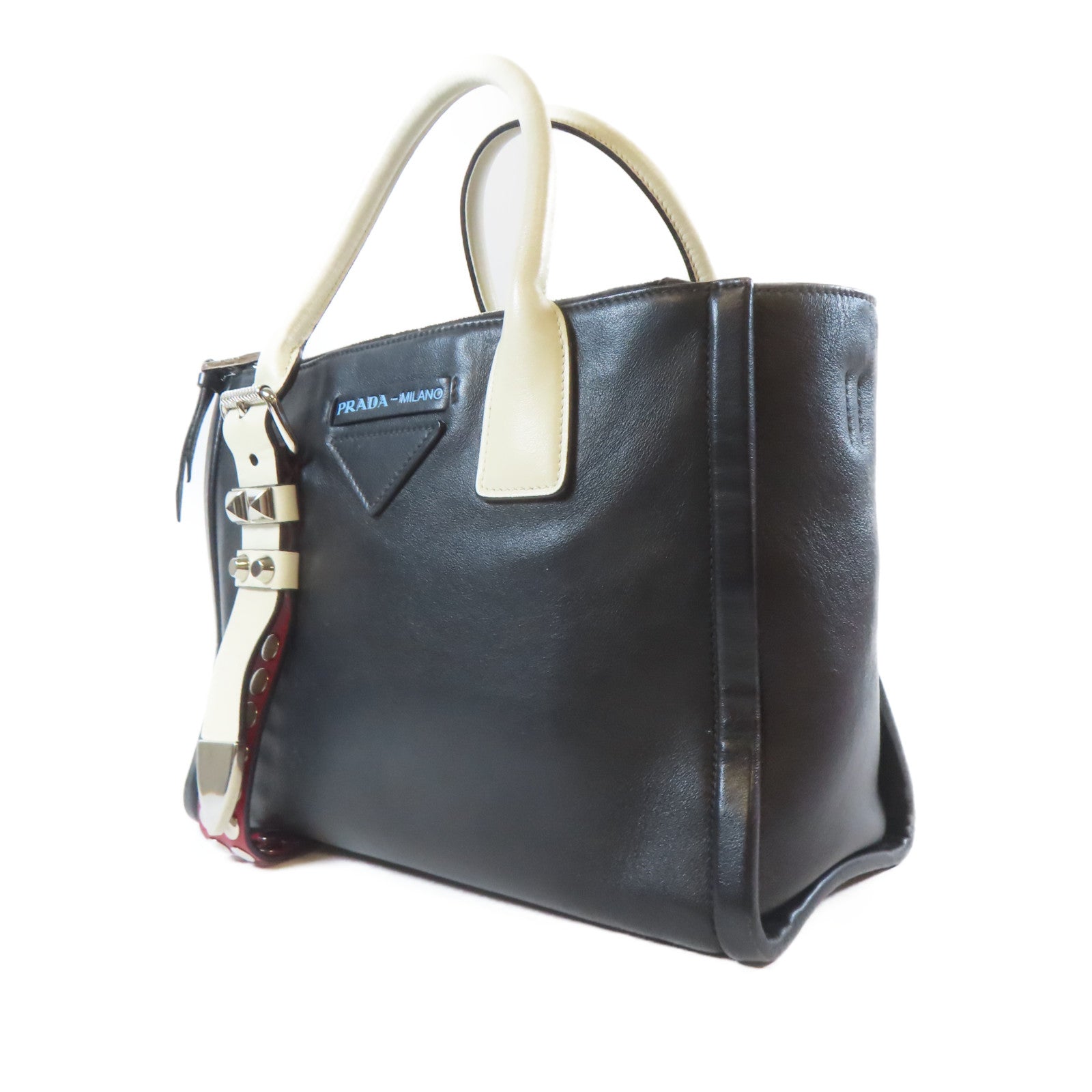 PRADA 皮革2 Way Shoulder銀扣手挽肩背兩用袋黑色/白色