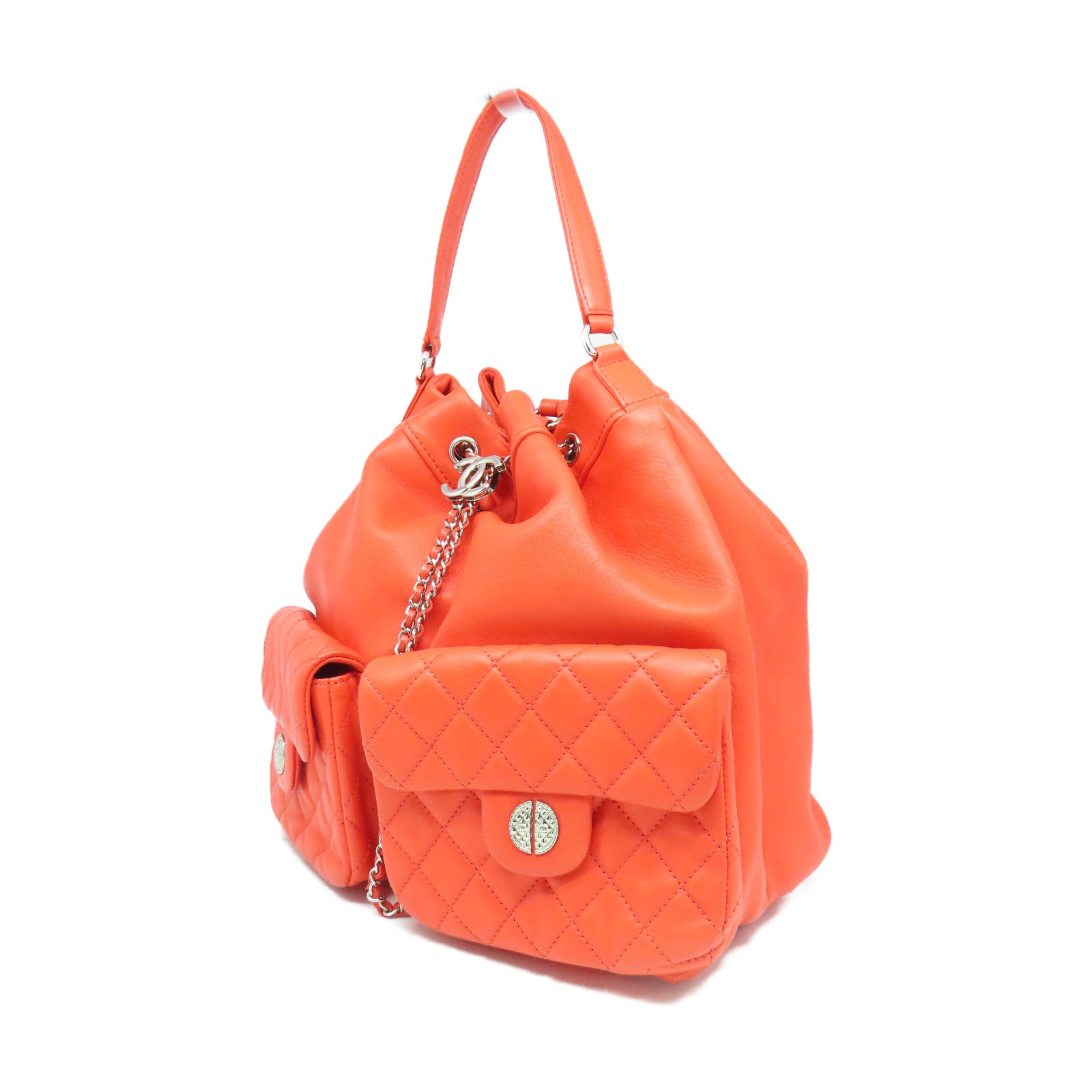 CHANEL **【清倉大減價】菱格牛皮皮革Backpack銀扣背包橙色