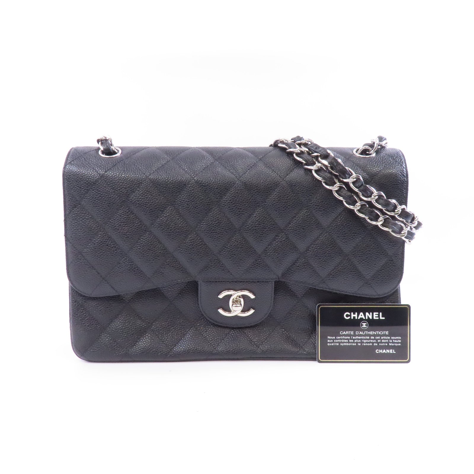 CHANEL 菱格Caviar皮革Classic Jumbo銀扣鏈帶肩背袋黑色