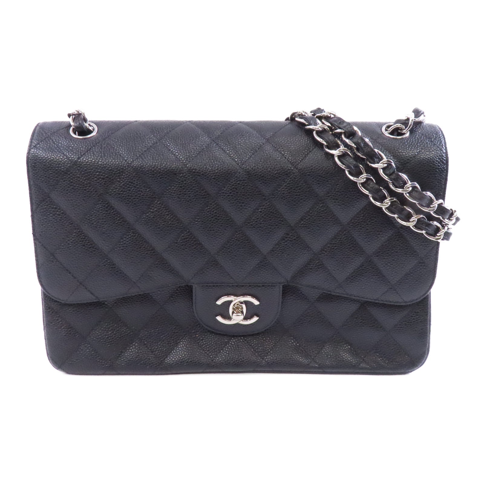 CHANEL 菱格Caviar皮革Classic Jumbo銀扣鏈帶肩背袋黑色