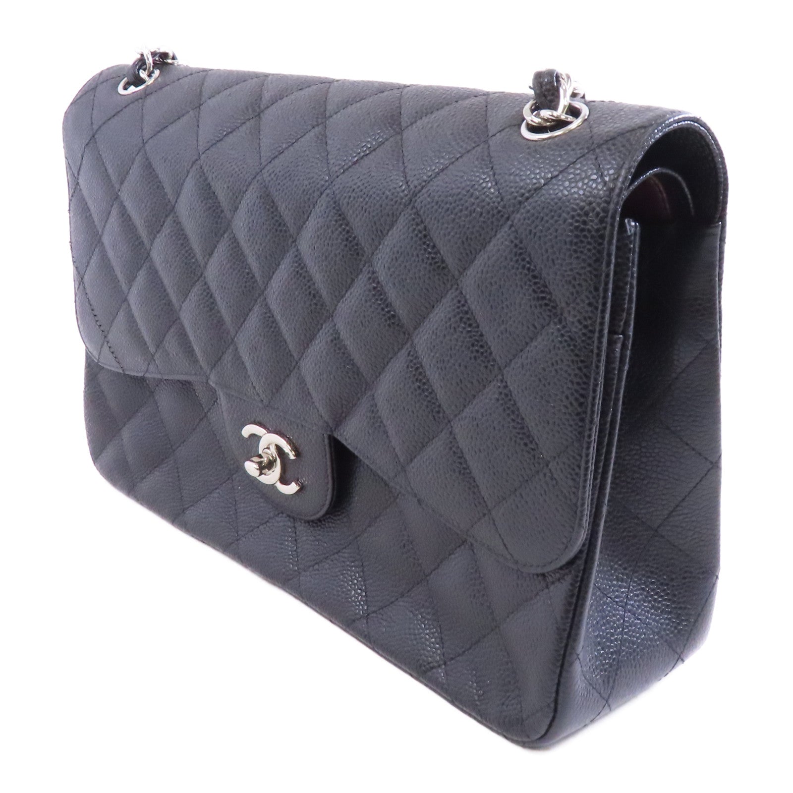 CHANEL 菱格Caviar皮革Classic Jumbo銀扣鏈帶肩背袋黑色