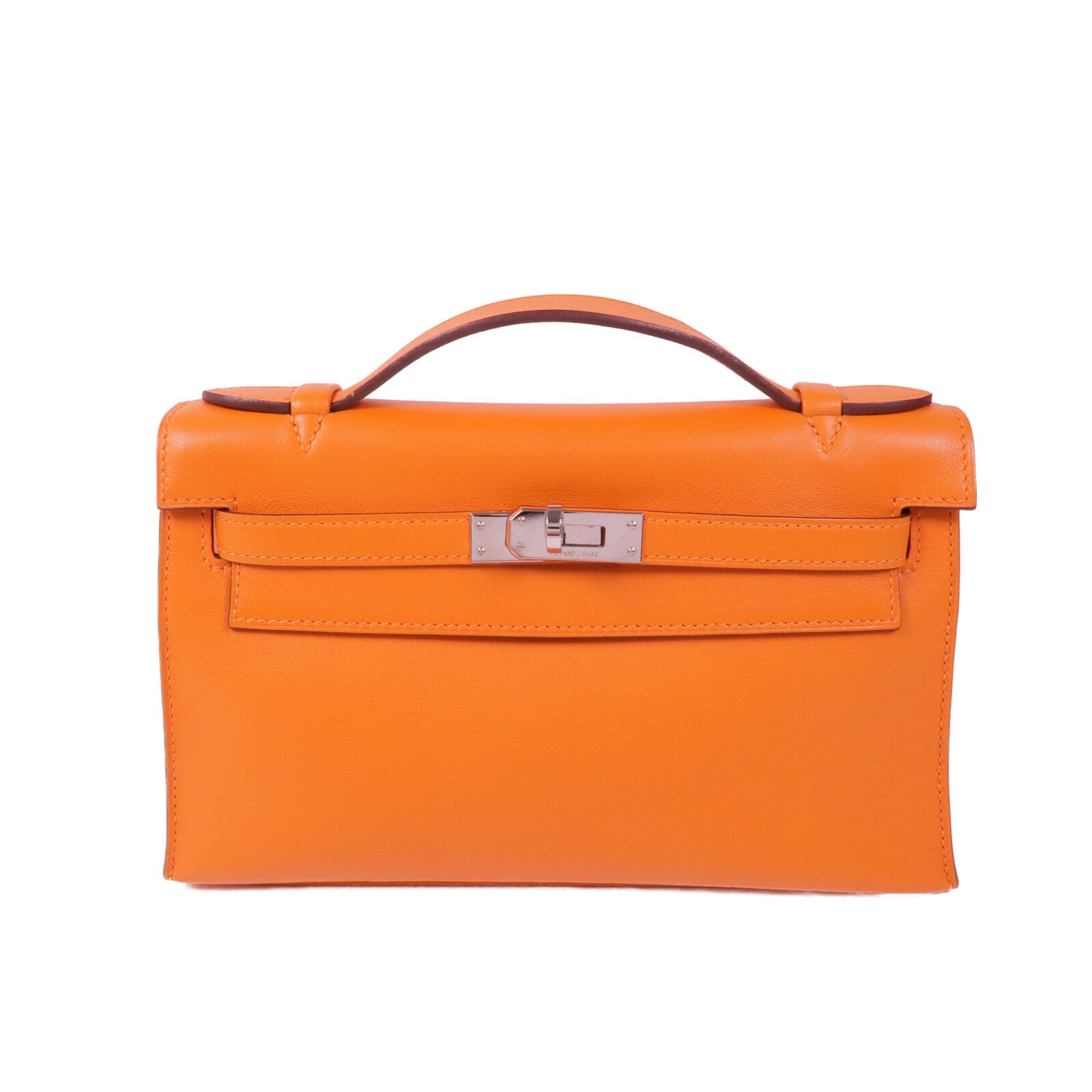 HERMES 【激減優惠】Swift皮革Kelly Pochette銀扣手挽袋Orange