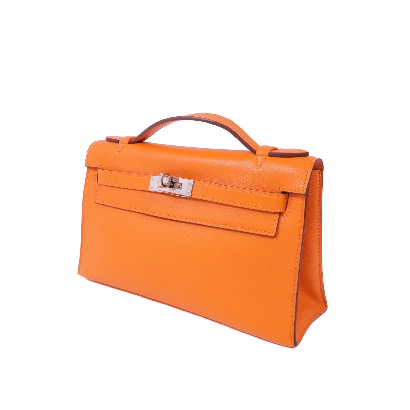 HERMES 【激減優惠】Swift皮革Kelly Pochette銀扣手挽袋Orange