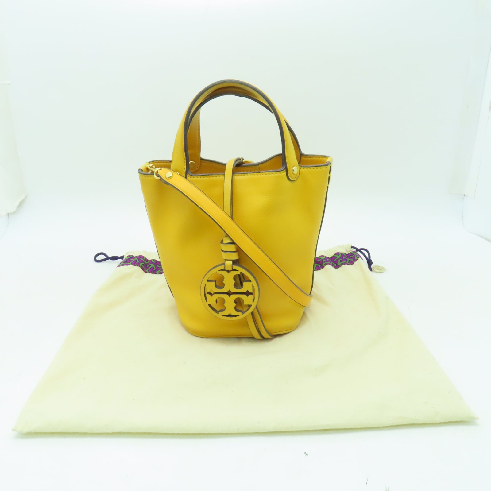 Tory Burch 【激減優惠】牛皮皮革Bucket Bag金扣手挽肩背兩用袋黃色
