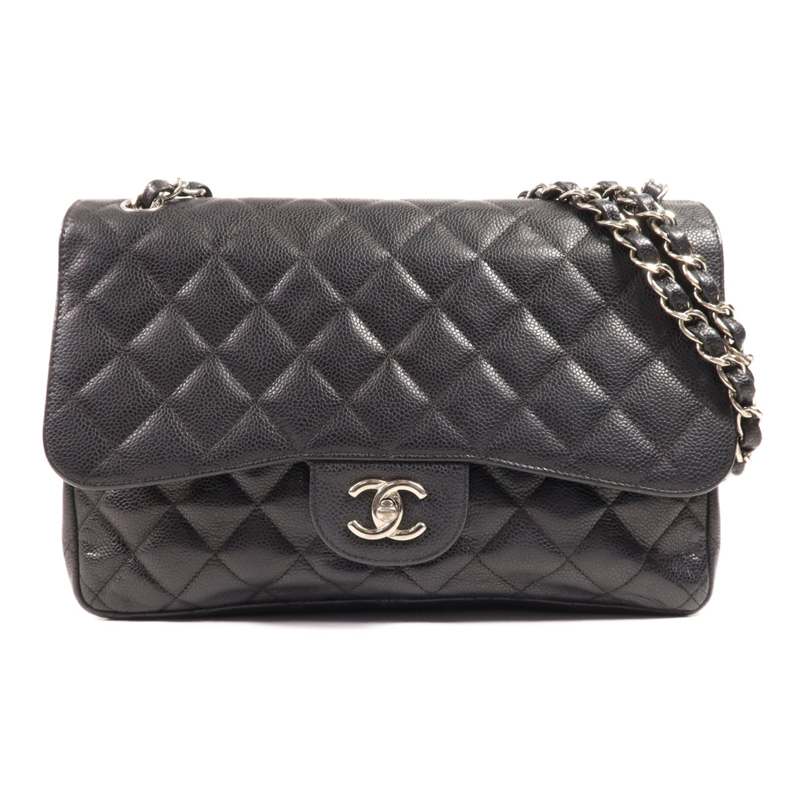 CHANEL 牛皮皮革Large Classic銀扣鏈帶肩背袋