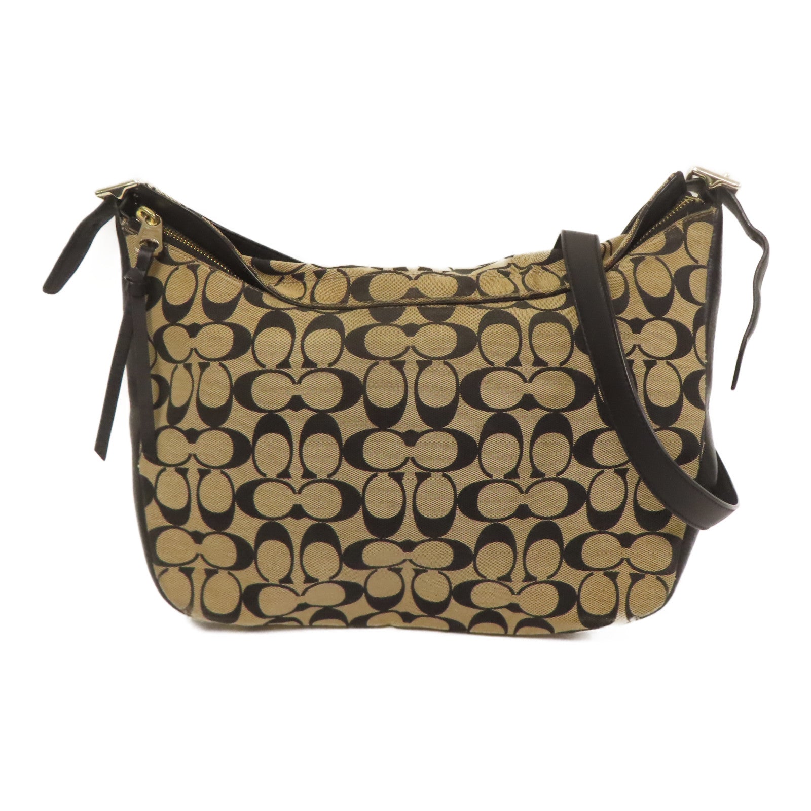 COACH 帆布/皮革Shoulder Bag金扣肩背袋米色/黑色