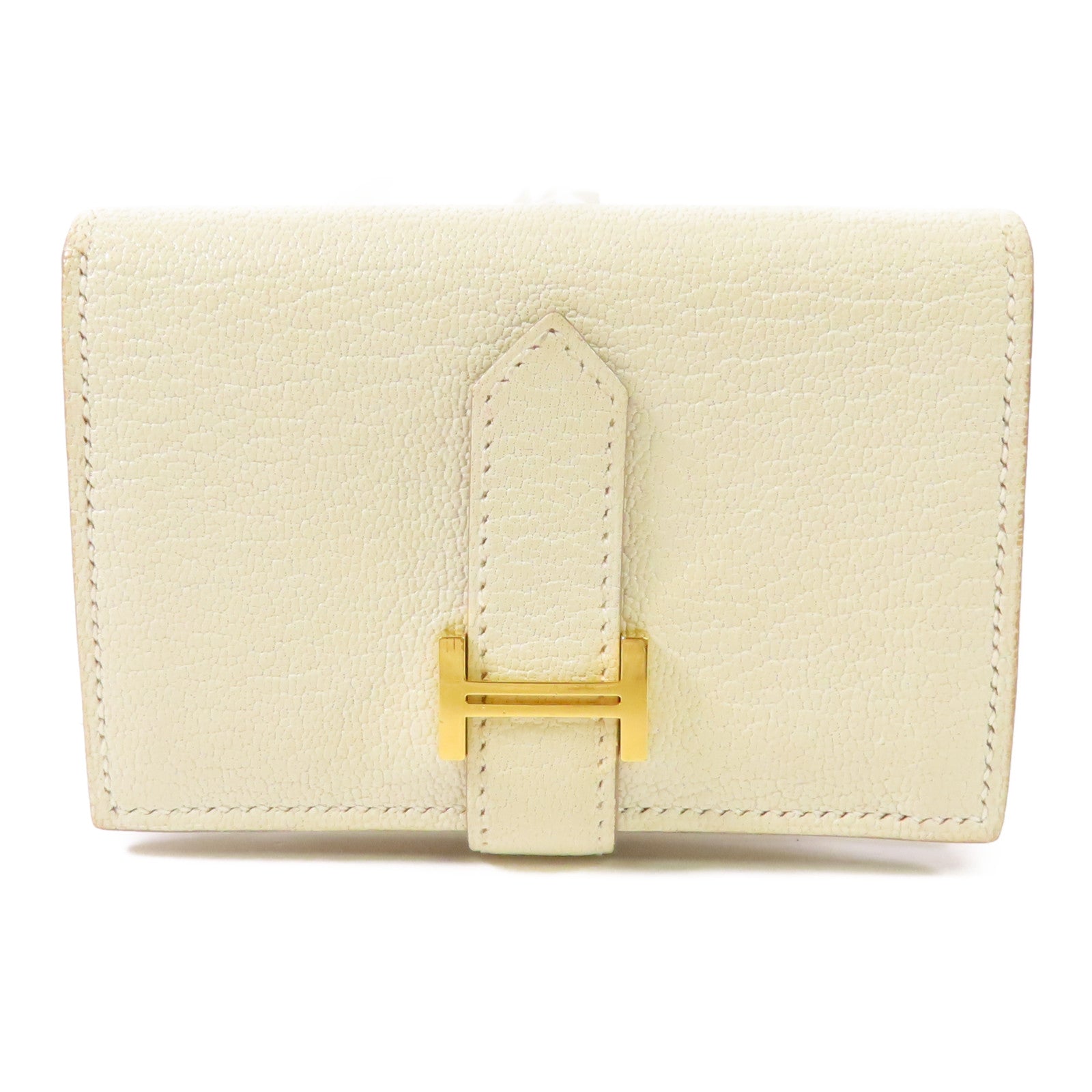 HERMES GHW Mini Bearn Wallet Bi-fold Chevre Leather Mushroom White