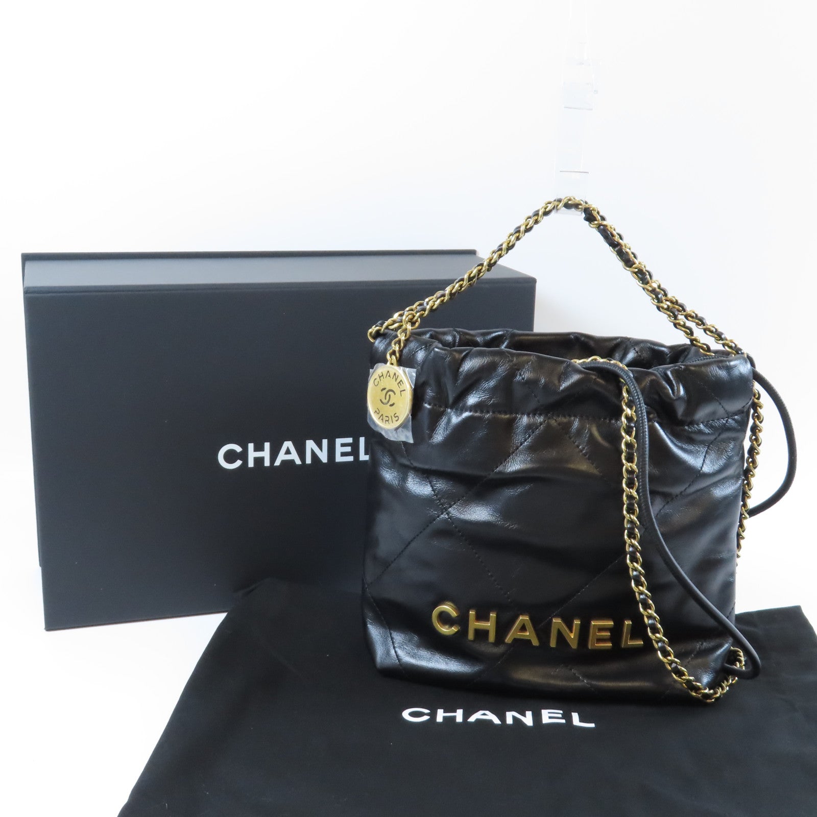 CHANEL 【激減優惠】菱格牛皮皮革Mini 22金扣手挽肩背兩用袋黑色