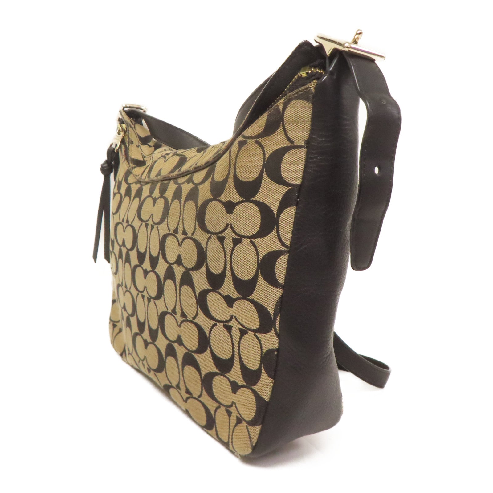 COACH 帆布/皮革Shoulder Bag金扣肩背袋米色/黑色