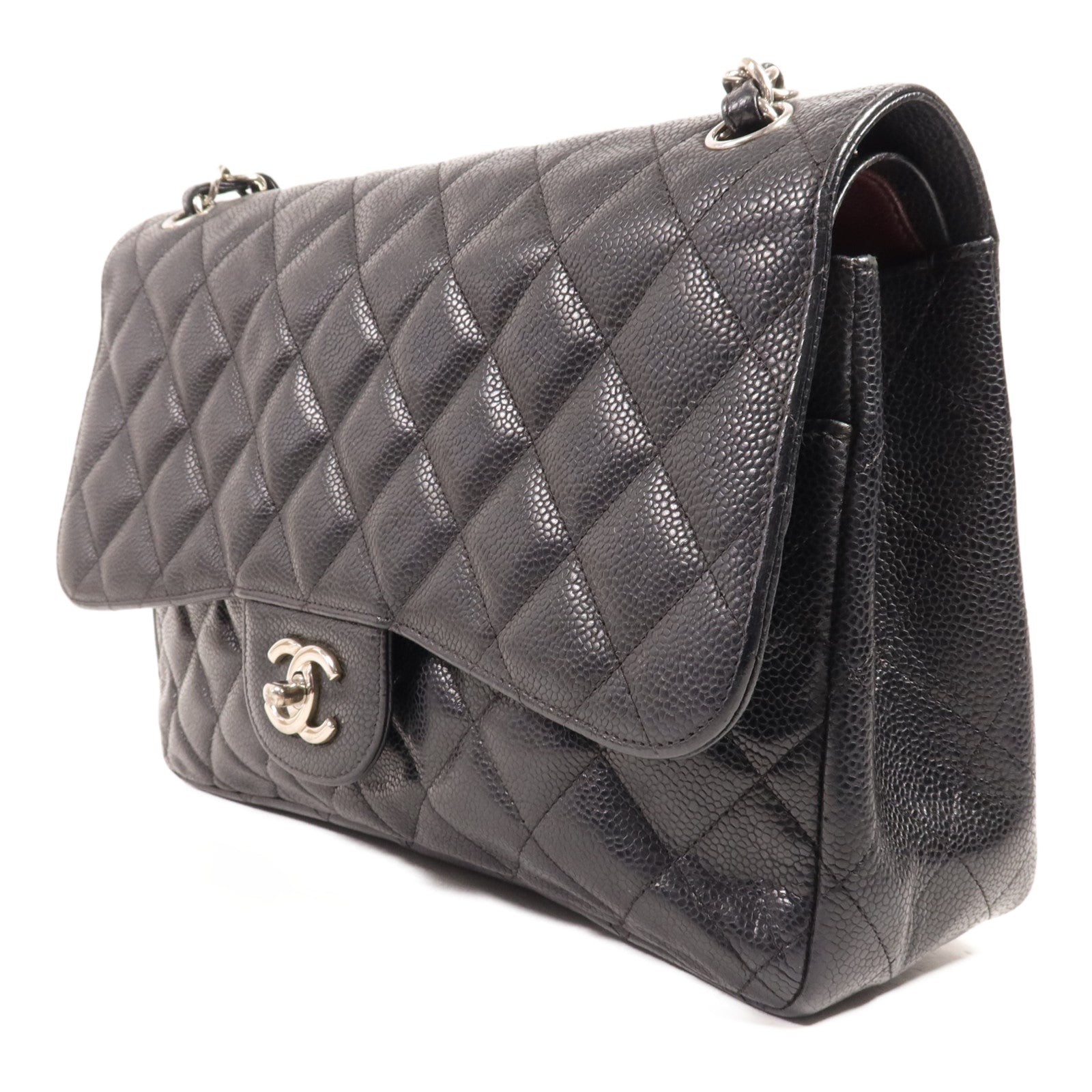 CHANEL 牛皮皮革Large Classic銀扣鏈帶肩背袋