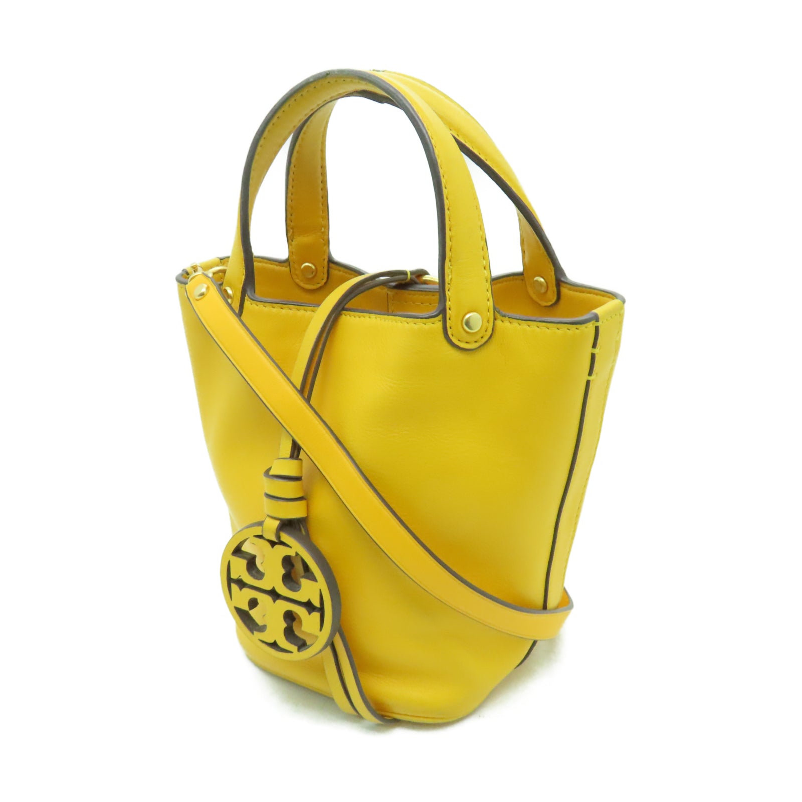 Tory Burch 【激減優惠】牛皮皮革Bucket Bag金扣手挽肩背兩用袋黃色