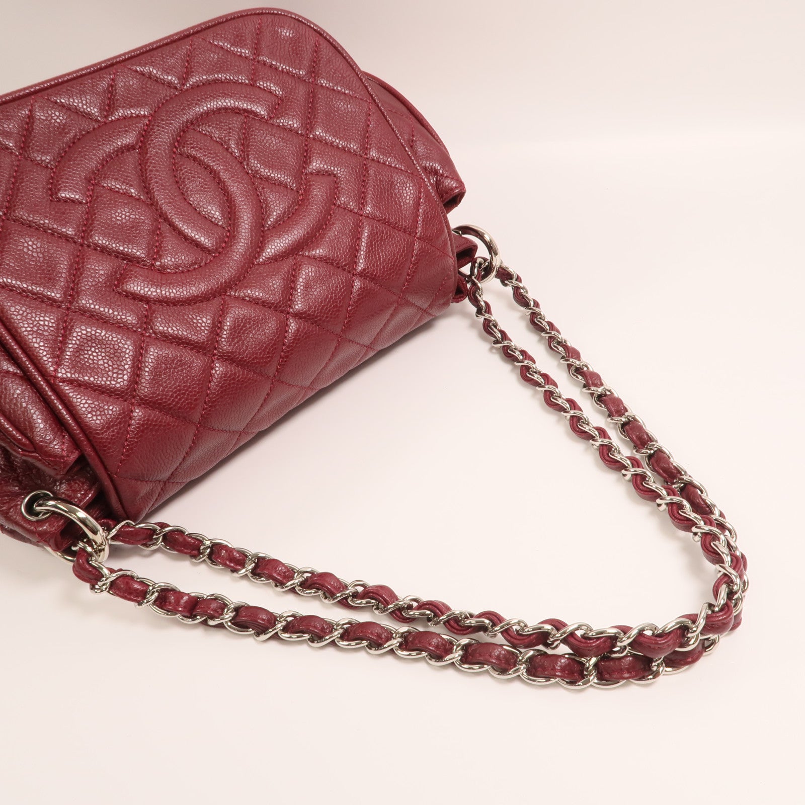 CHANEL 牛皮皮革Chain Shoulder銀扣鏈帶肩背袋