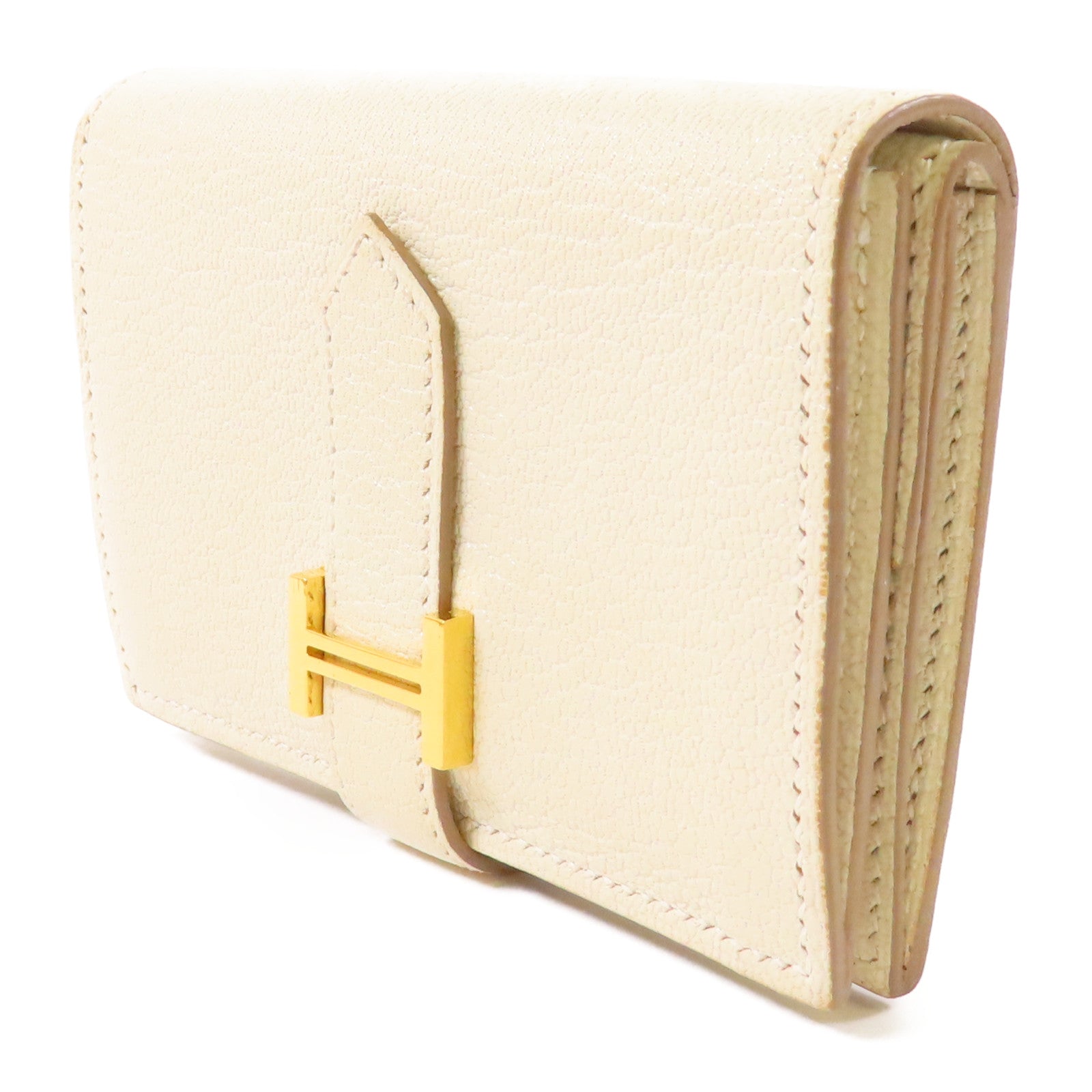 HERMES 【激減優惠】Chevre皮革Mini Bearn Wallet金扣錢包Mushroom