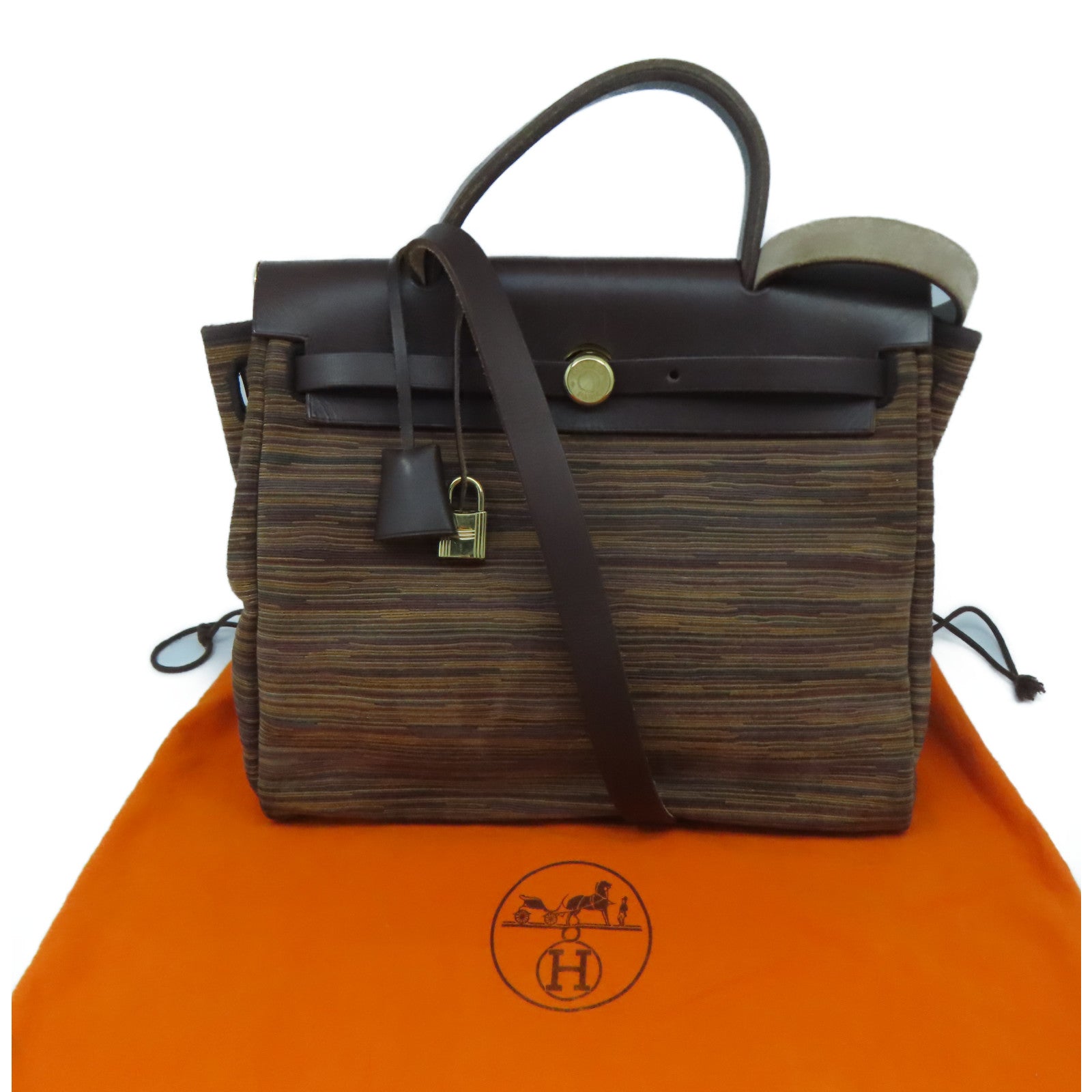 HERMES 【清倉大減價】Vibrato皮革Herbag PM金扣手挽肩背兩用袋啡色
