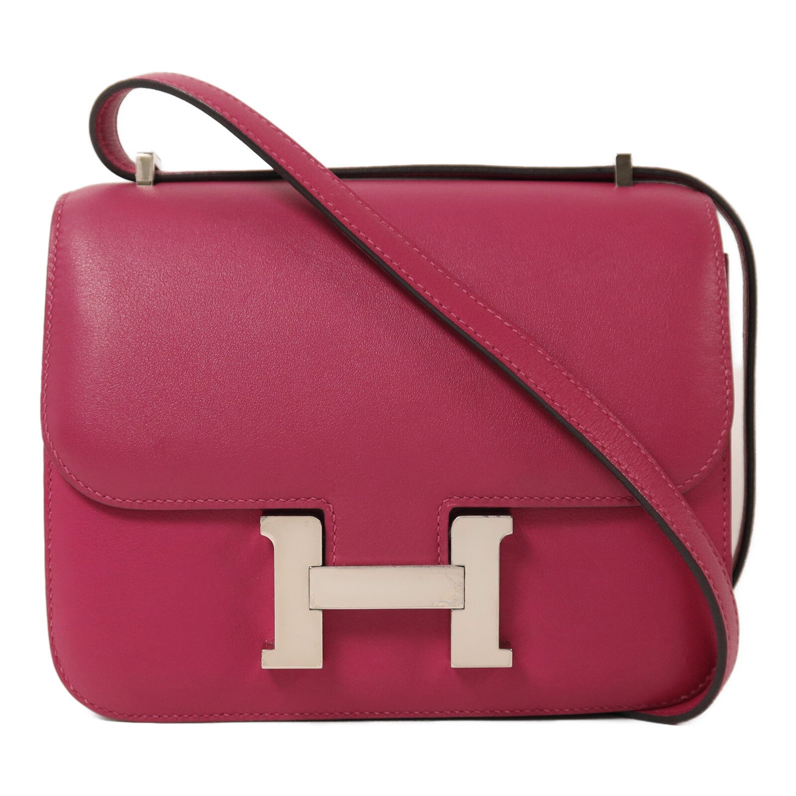 HERMES Swift皮革Constance Mini銀扣肩背袋Rose Pourpre