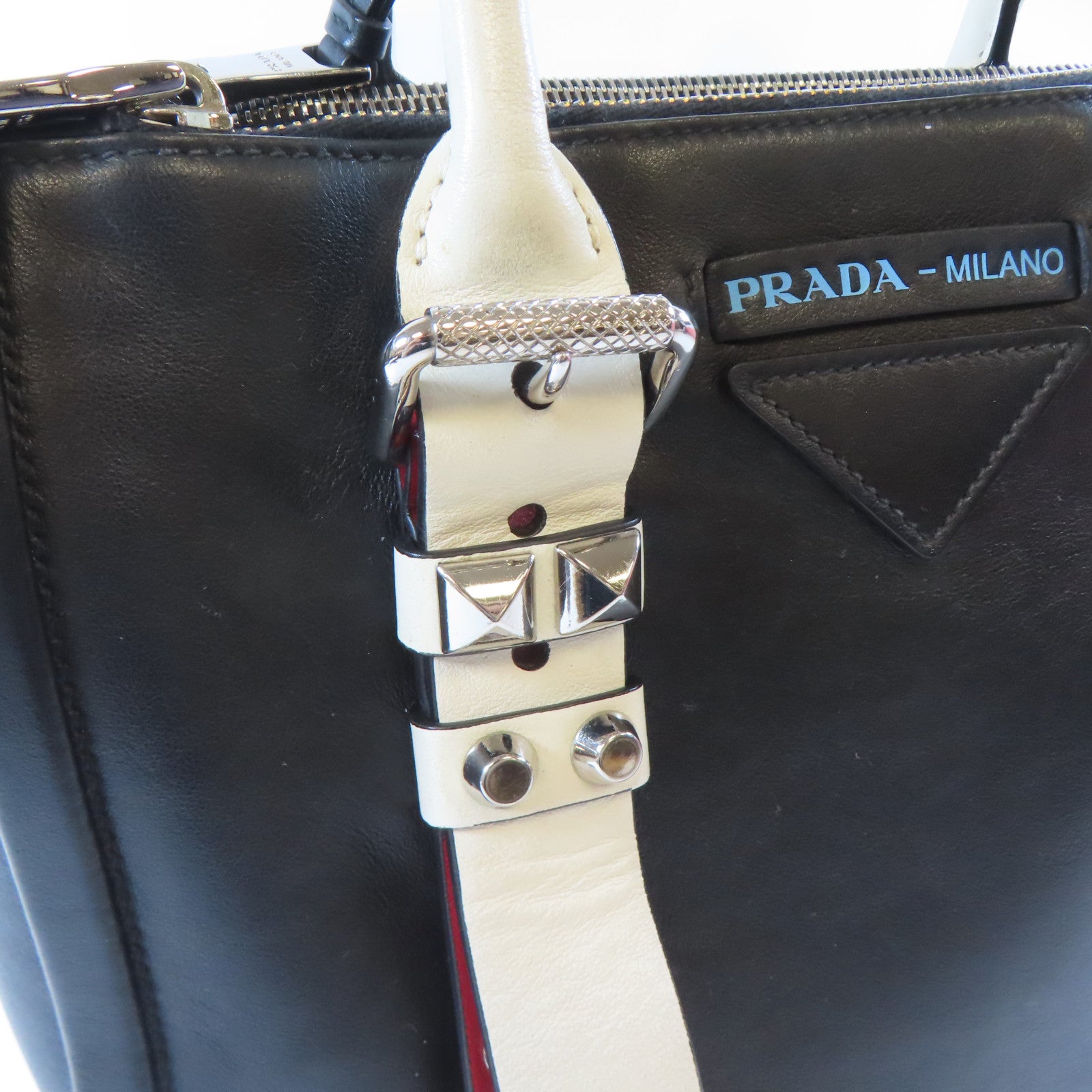 PRADA 皮革2 Way Shoulder銀扣手挽肩背兩用袋黑色/白色