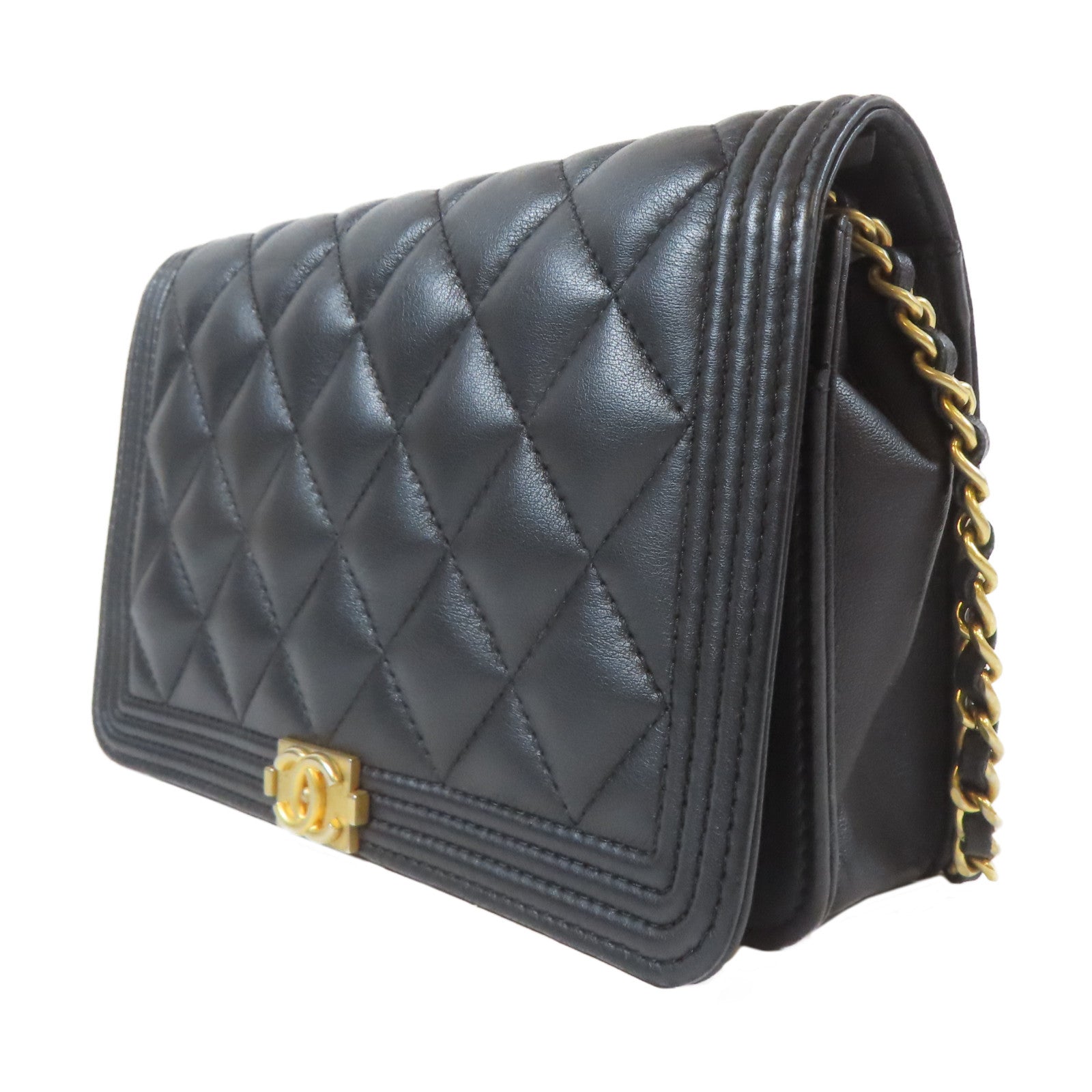 CHANEL 【激減優惠】菱格羊皮皮革Boy WOC Wallet On Chain金扣鏈帶肩背袋黑色