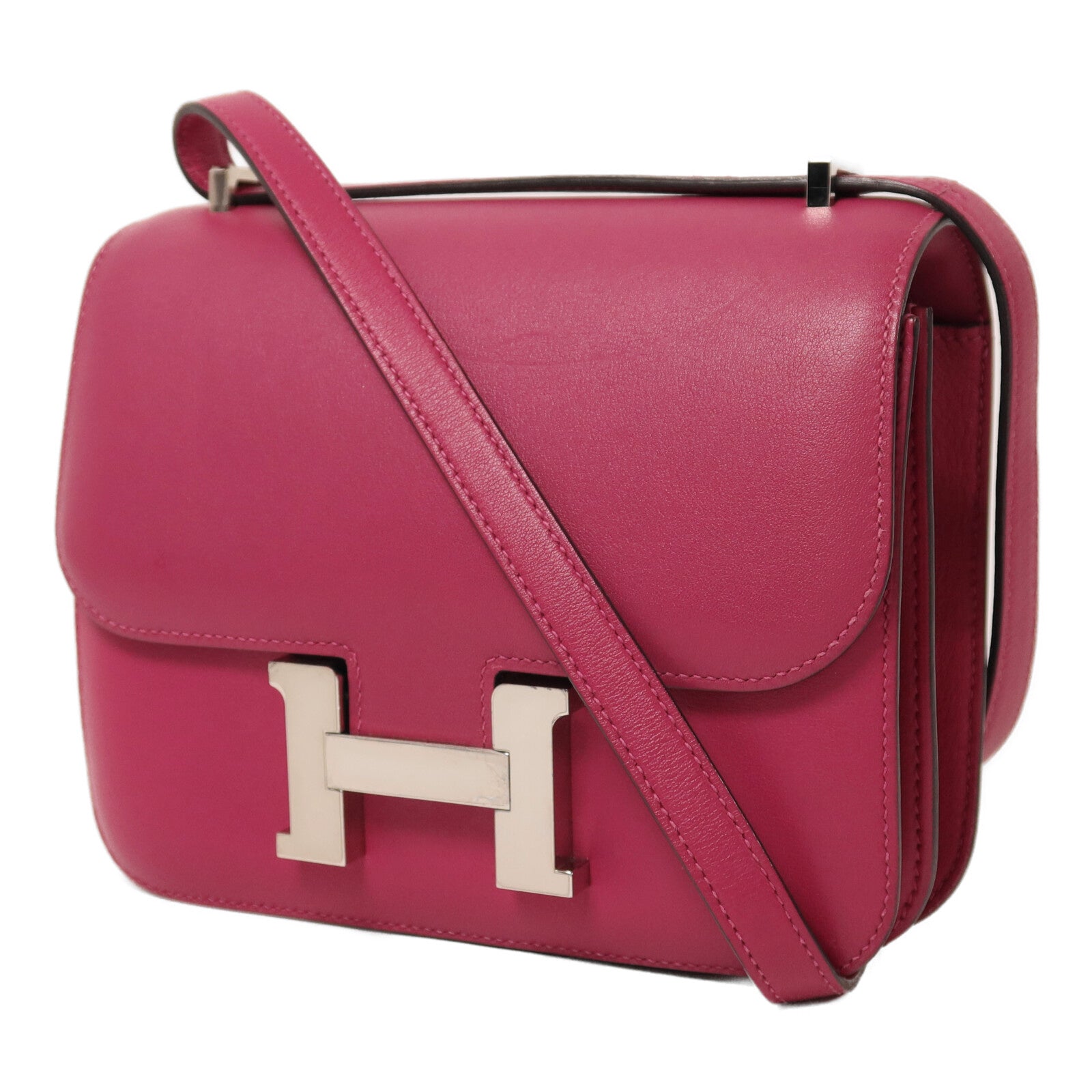 HERMES Swift皮革Constance Mini銀扣肩背袋Rose Pourpre