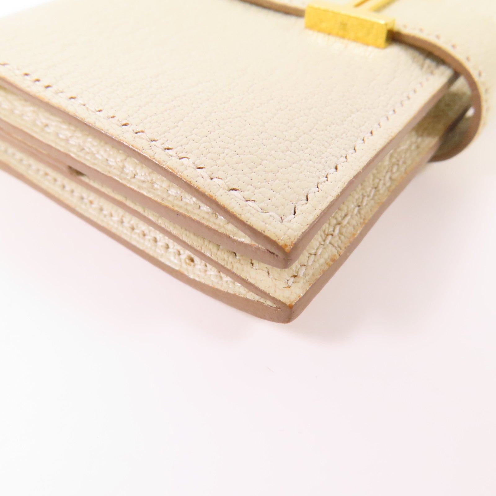 HERMES GHW Mini Bearn Wallet Bi-fold Chevre Leather Mushroom White