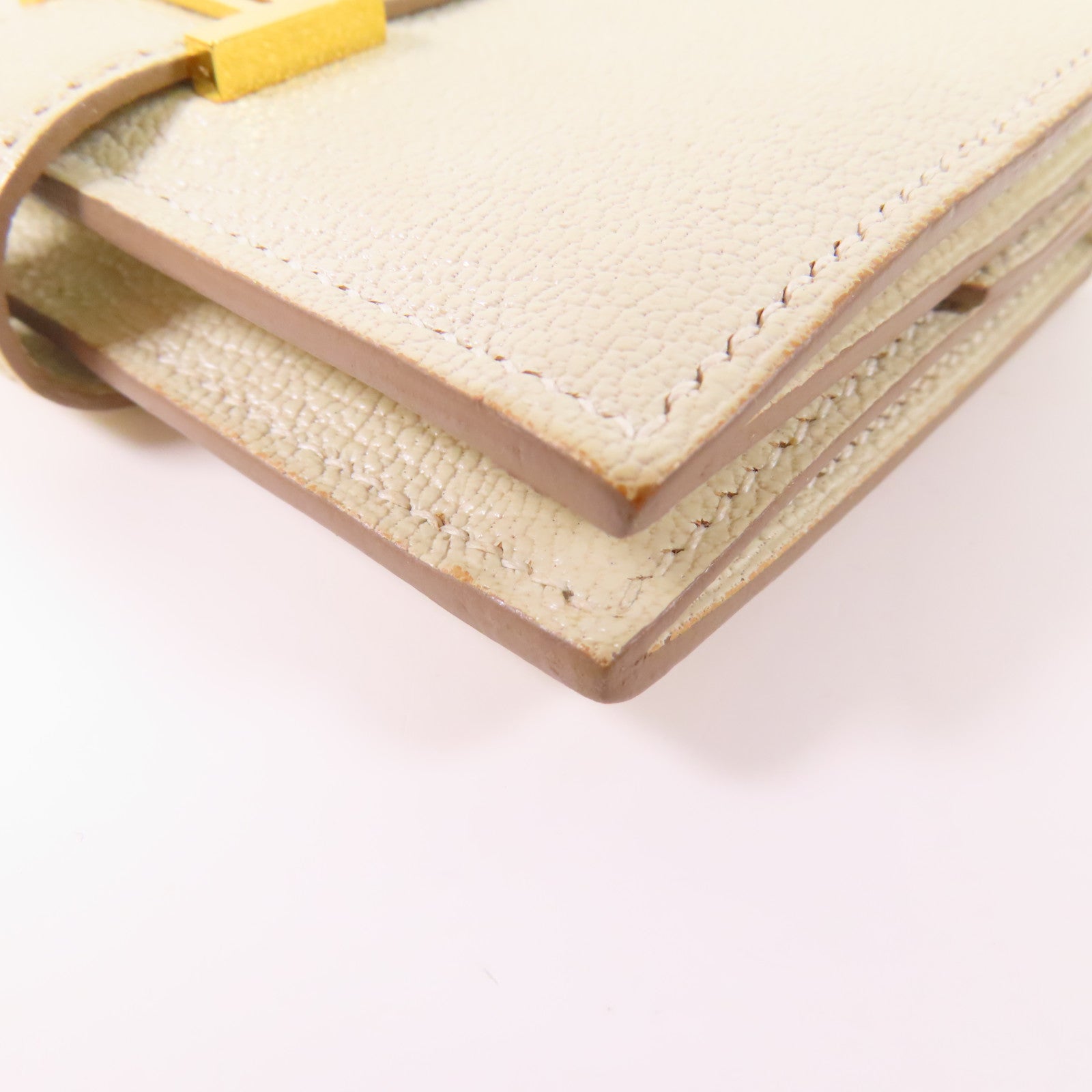 HERMES GHW Mini Bearn Wallet Bi-fold Chevre Leather Mushroom White