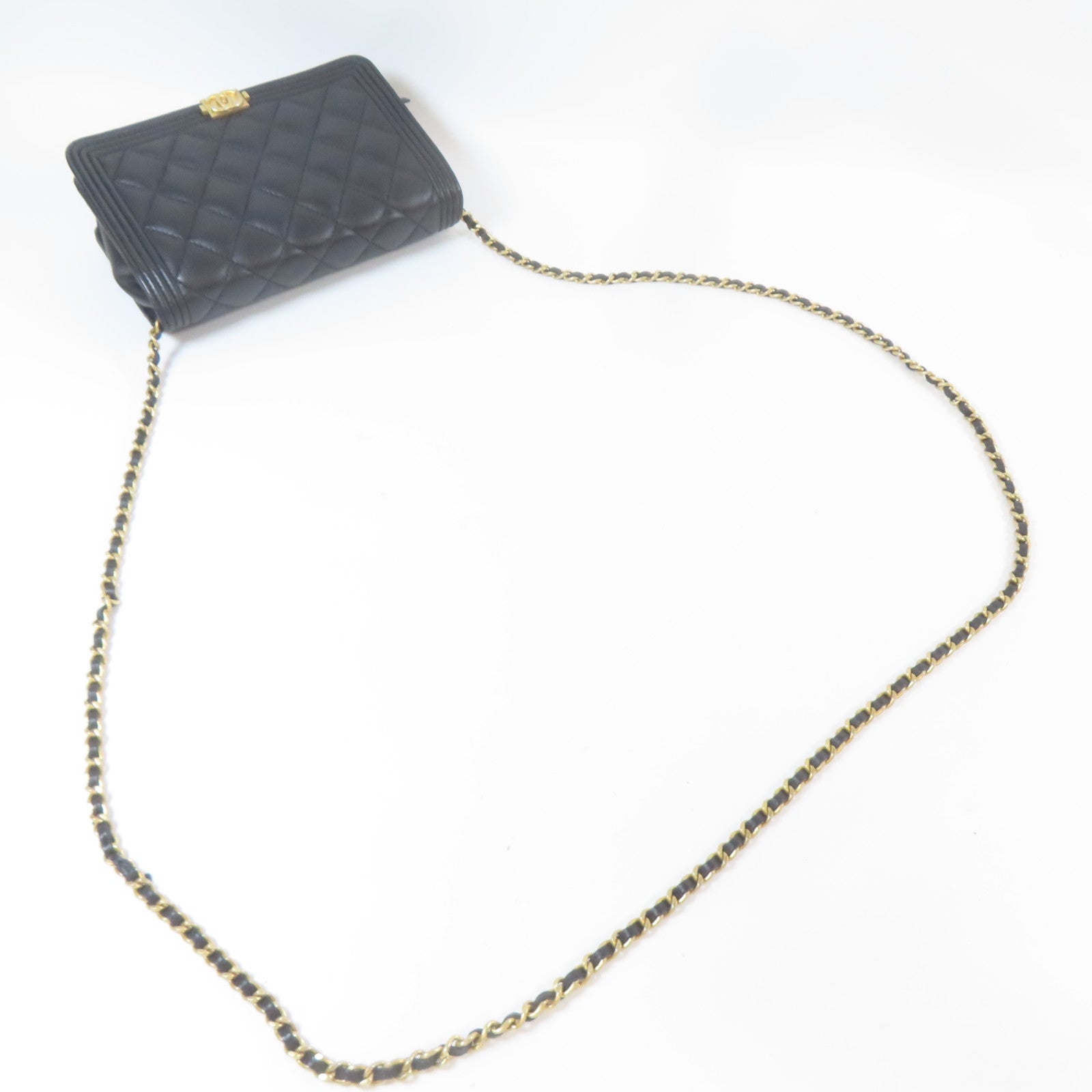 CHANEL 【激減優惠】菱格羊皮皮革Boy WOC Wallet On Chain金扣鏈帶肩背袋黑色