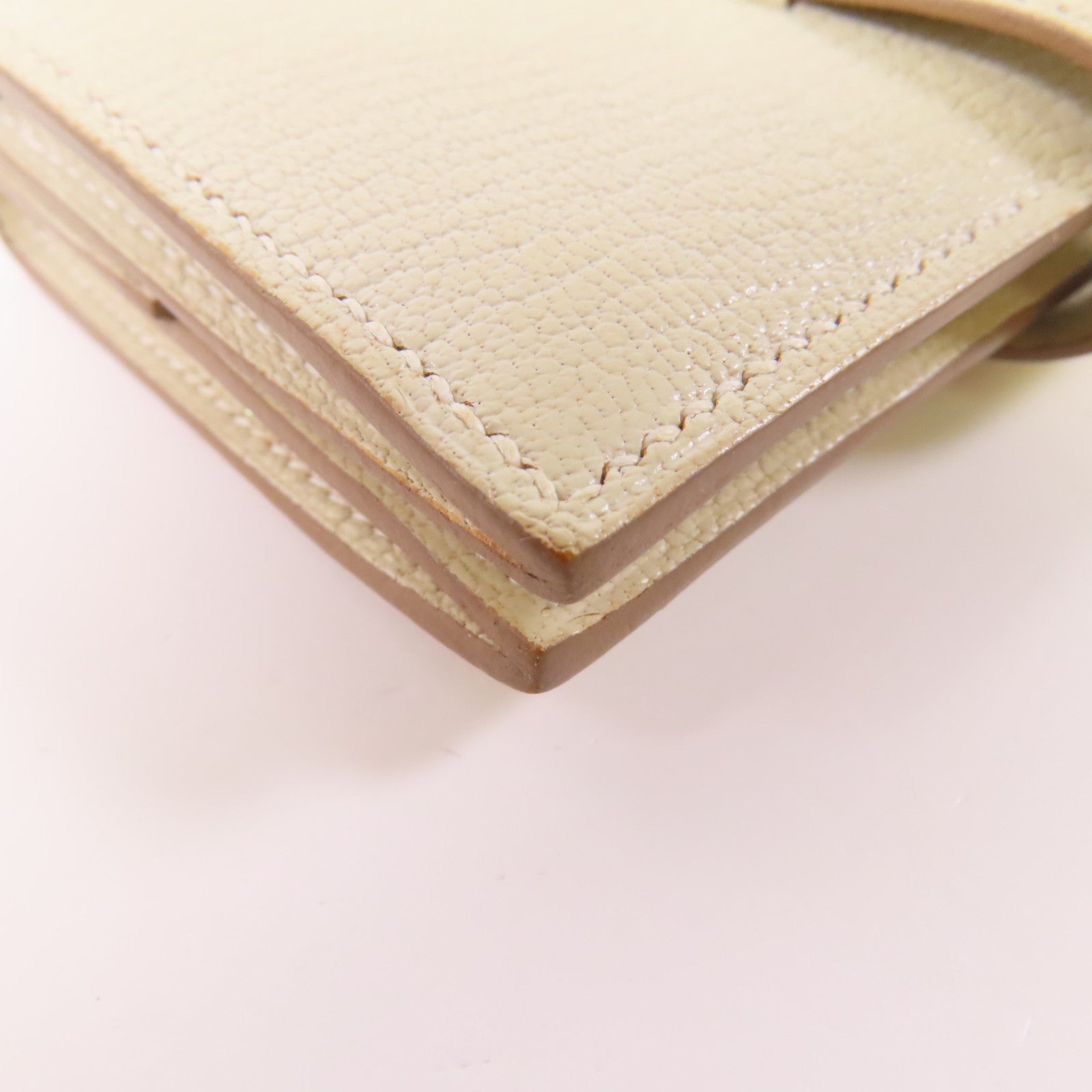 HERMES GHW Mini Bearn Wallet Bi-fold Chevre Leather Mushroom White