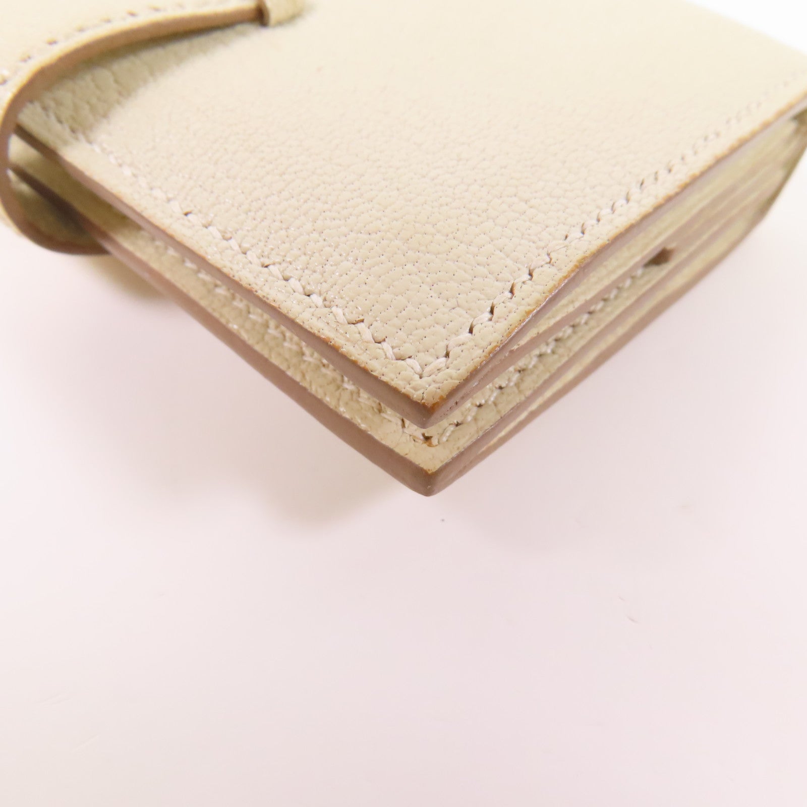 HERMES GHW Mini Bearn Wallet Bi-fold Chevre Leather Mushroom White