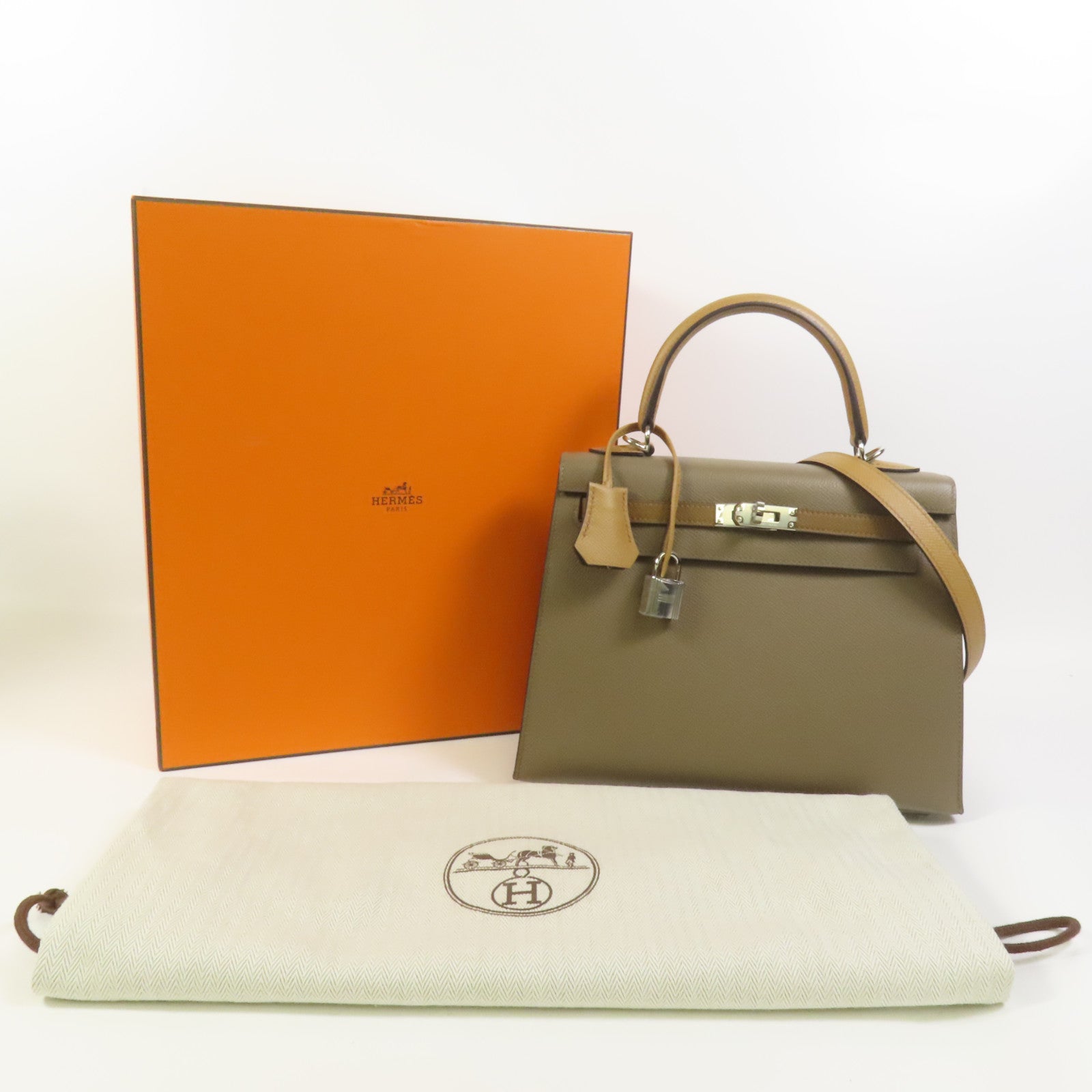 HERMES 【激減優惠】Epsom皮革Kelly 25銀扣手挽肩背兩用袋Etoupe