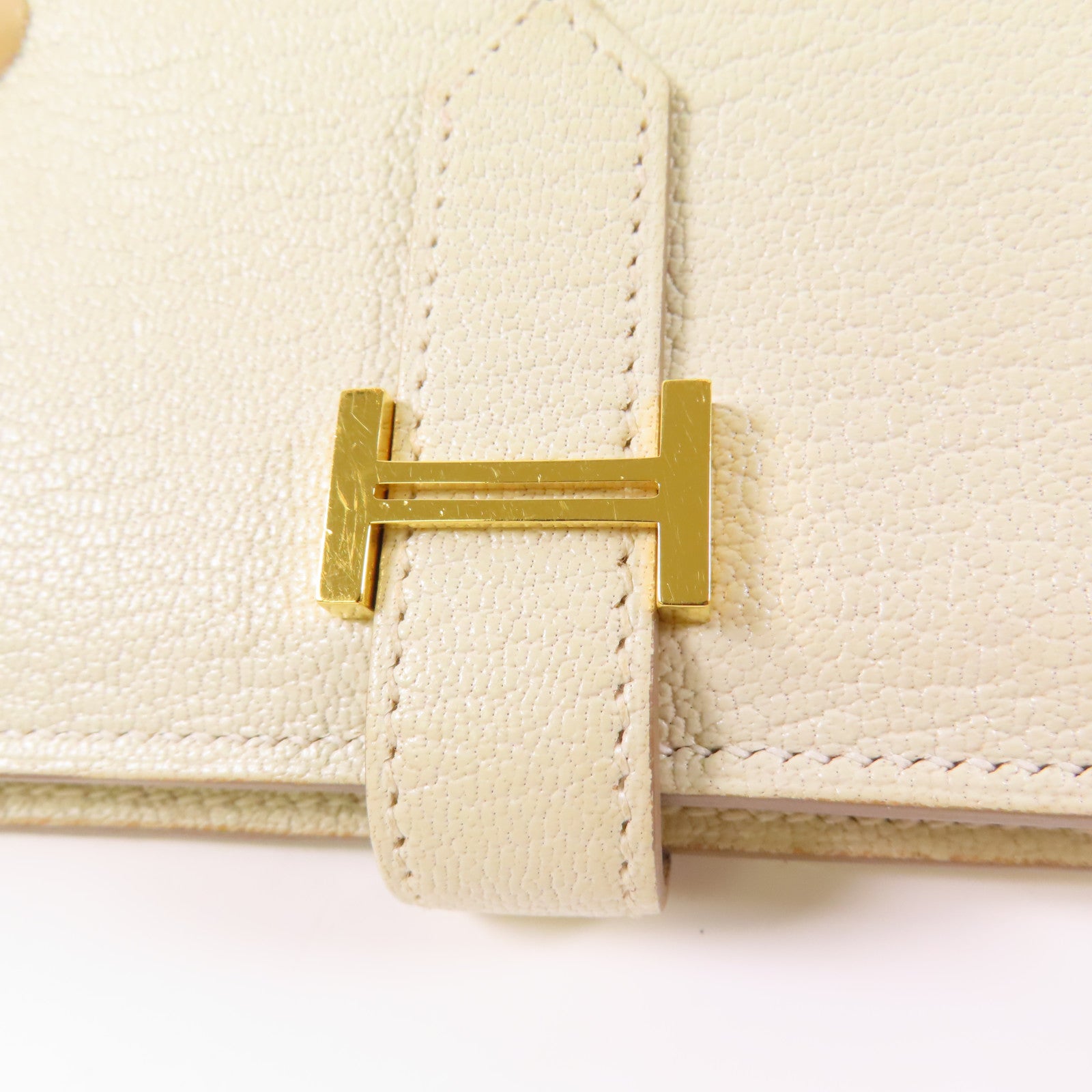 HERMES GHW Mini Bearn Wallet Bi-fold Chevre Leather Mushroom White