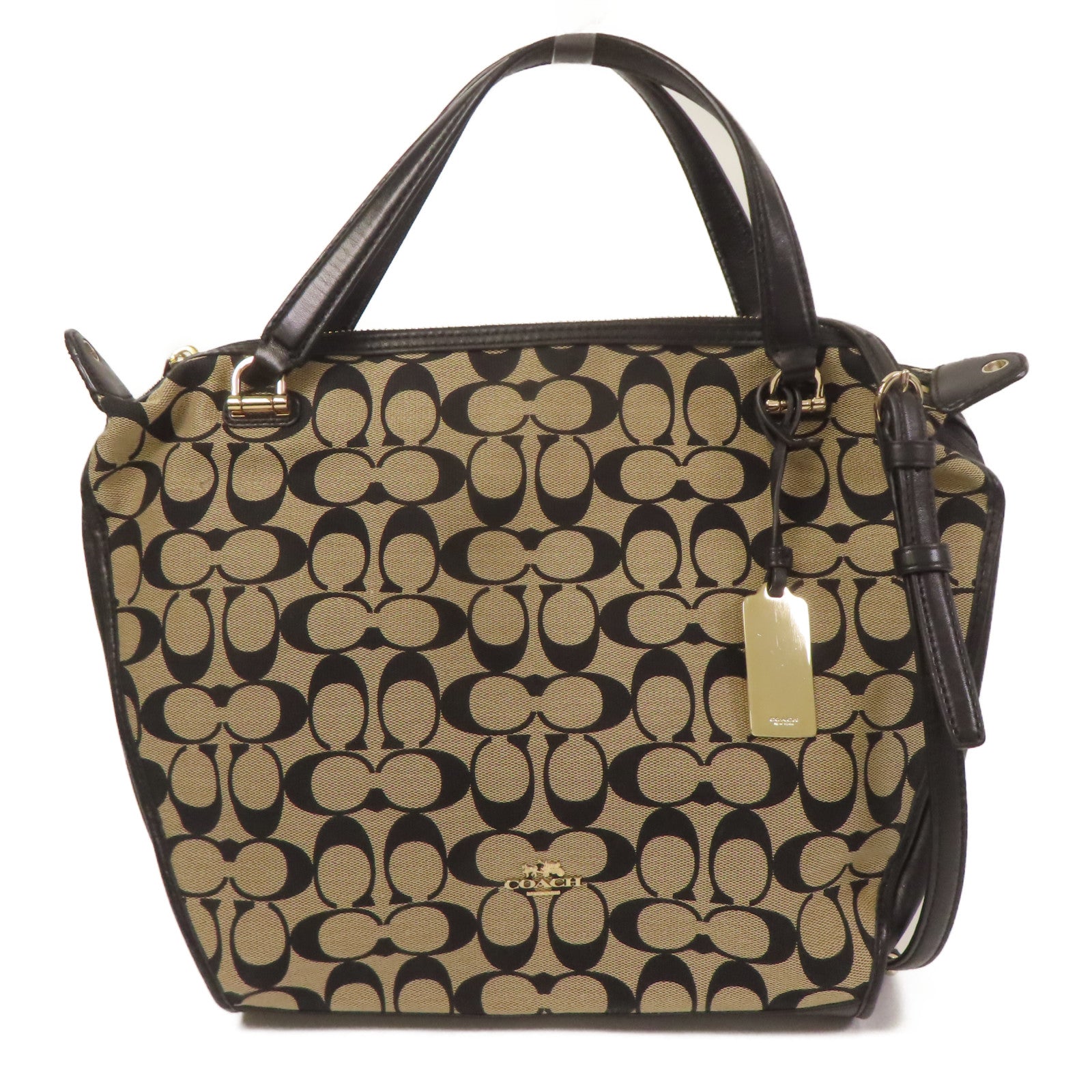 COACH 帆布/皮革2 Way Shoulder金扣手挽肩背兩用袋米色/黑色