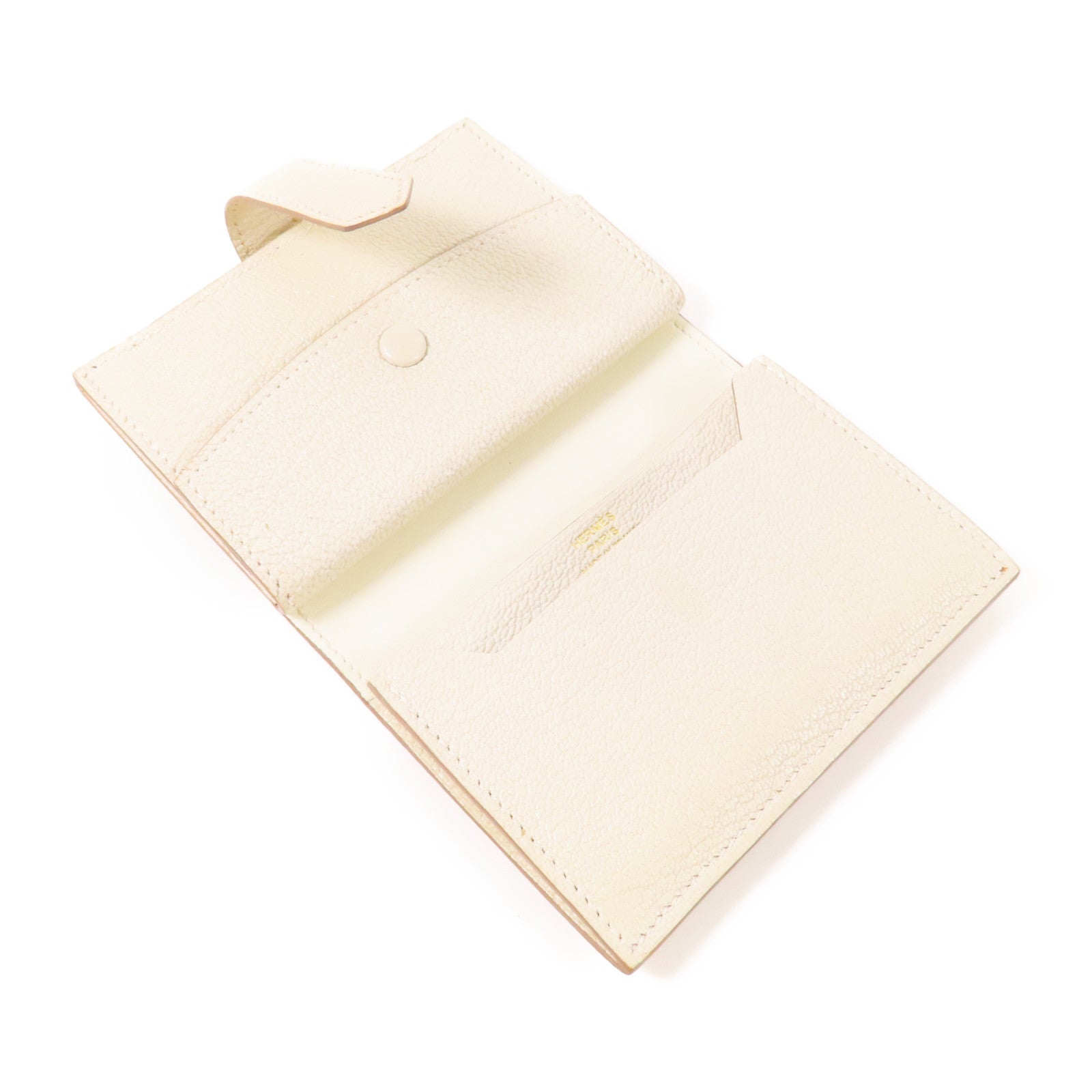 HERMES GHW Mini Bearn Wallet Bi-fold Chevre Leather Mushroom White