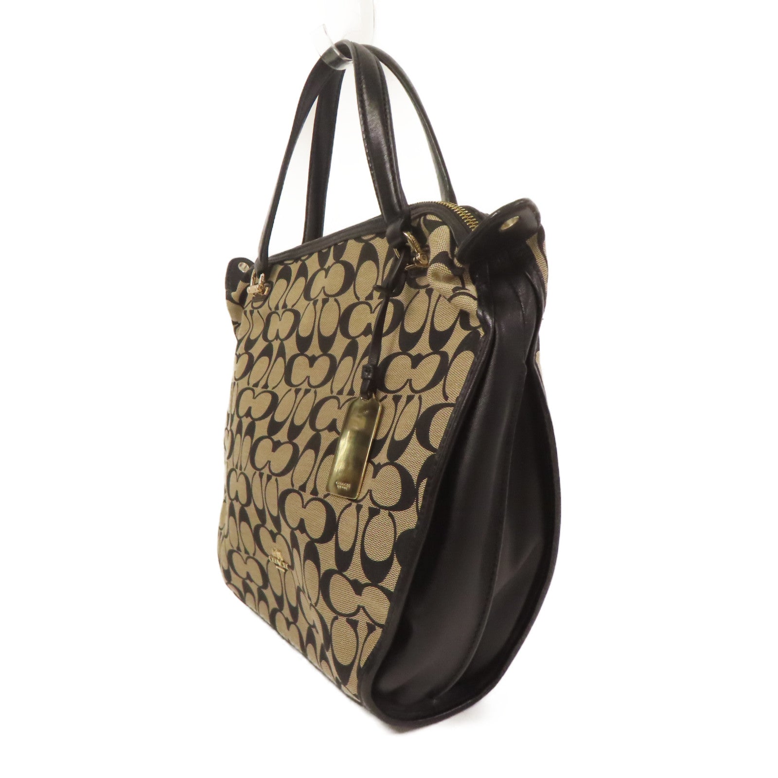 COACH 帆布/皮革2 Way Shoulder金扣手挽肩背兩用袋米色/黑色