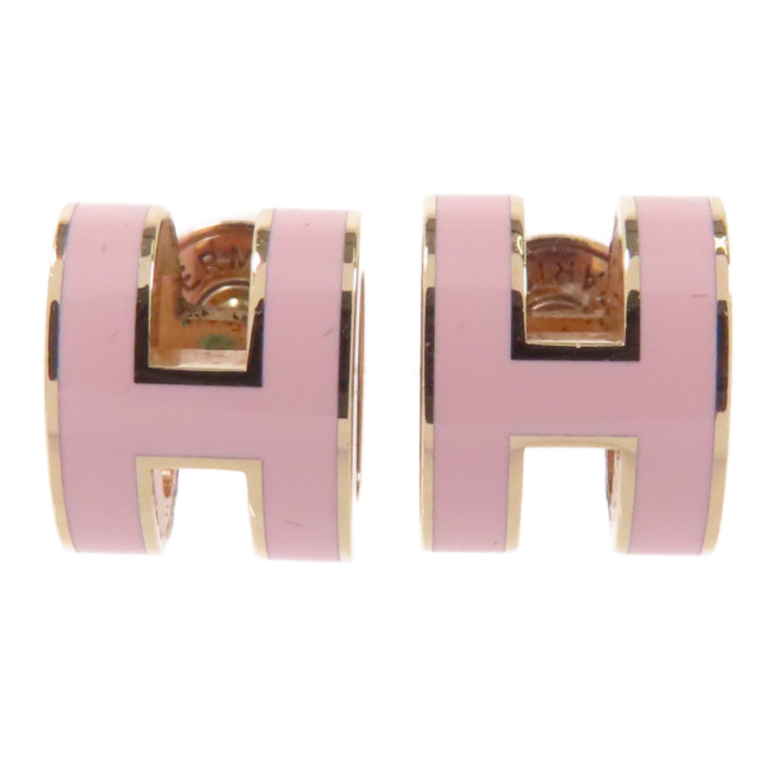 HERMES 金屬Mini Pop H Earrings耳環Rose Sakura金色/粉紅色