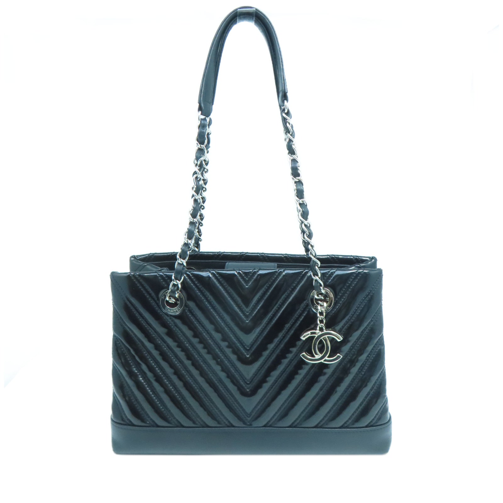 CHANEL **【激減優惠】斜紋漆皮皮革Chain Shoulder銀扣鏈帶肩背袋黑色