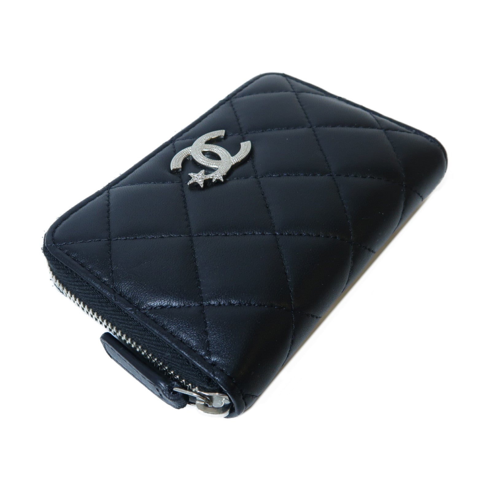 CHANEL 菱格羊皮皮革Card Case銀扣卡片套黑色