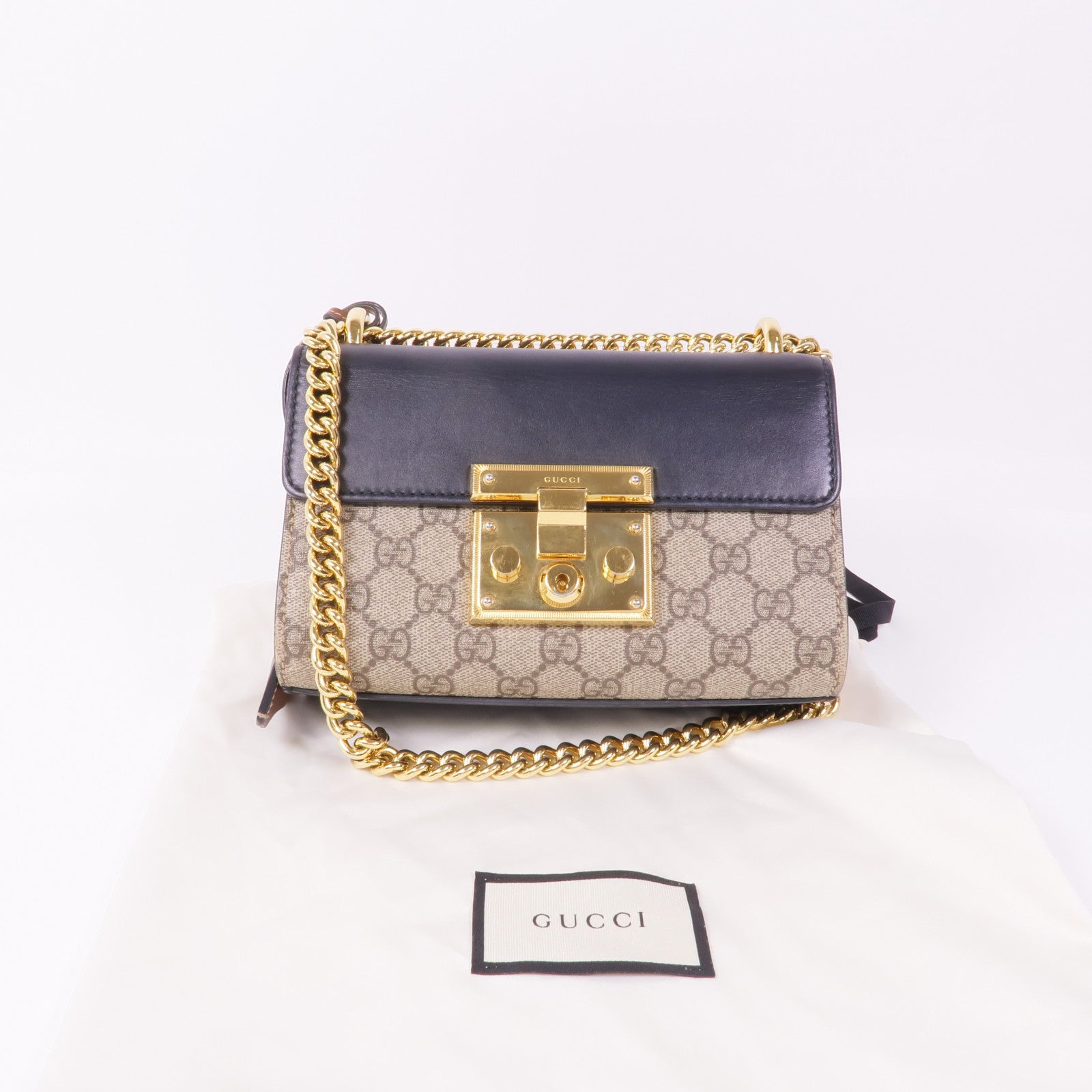 GUCCI 塗層帆布/皮革Padlock Small金扣鏈帶肩背袋