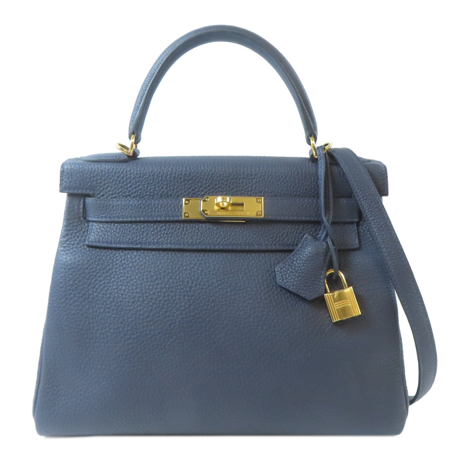 HERMES Togo皮革Kelly 28金扣手挽肩背兩用袋深藍色