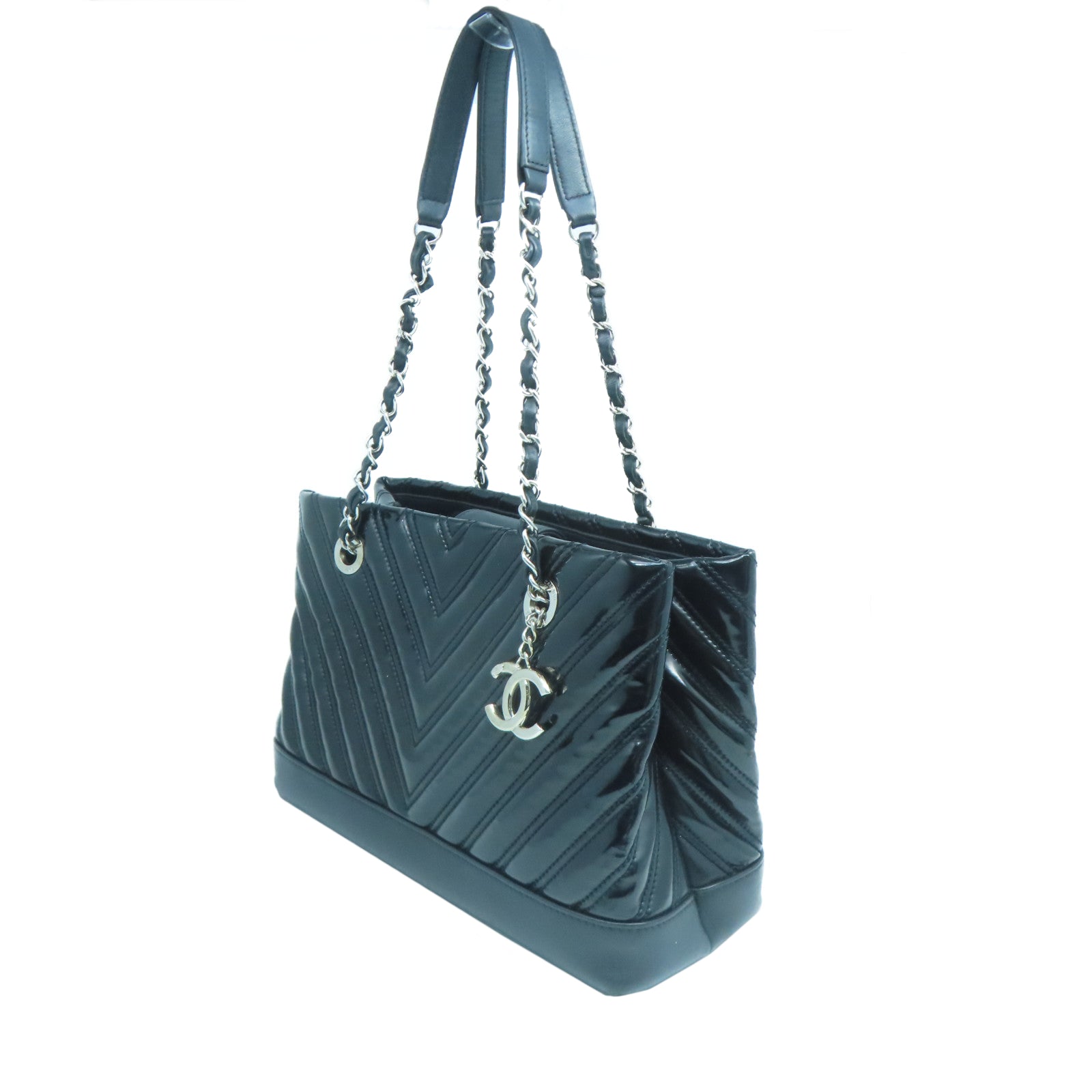 CHANEL **【激減優惠】斜紋漆皮皮革Chain Shoulder銀扣鏈帶肩背袋黑色