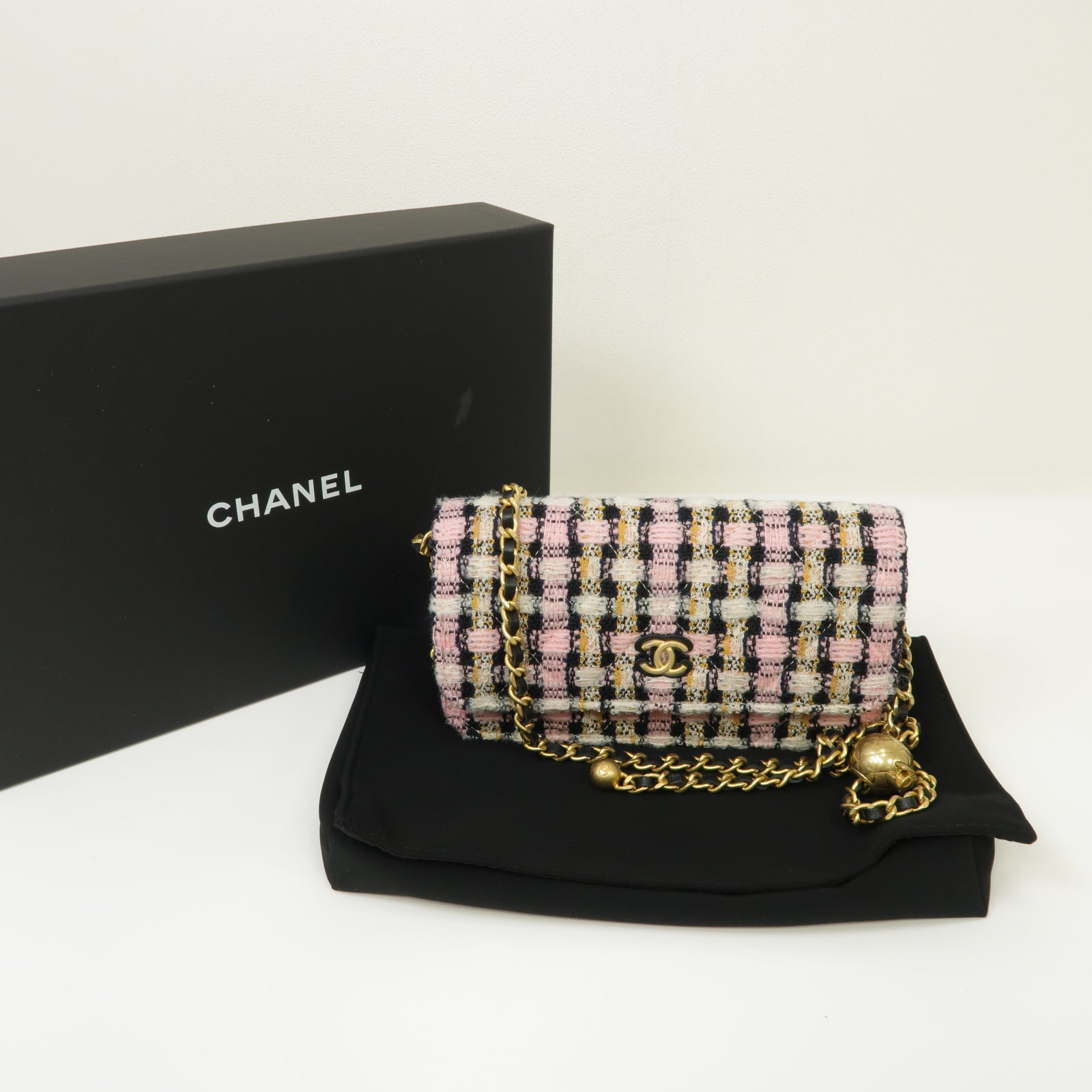 CHANEL 斜紋軟呢Chain Shoulder Bag金扣鏈帶肩背袋粉紅色