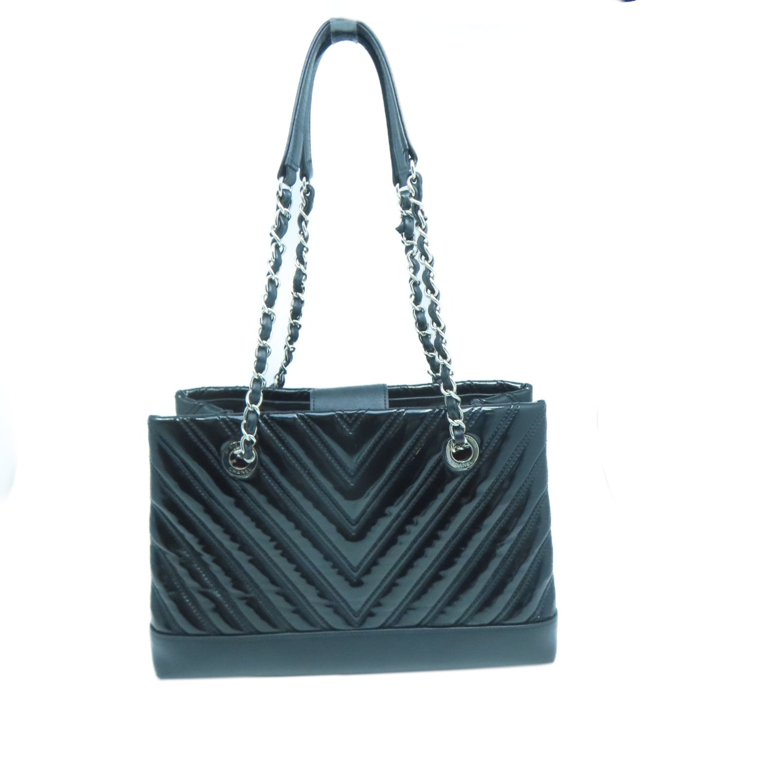 CHANEL **【激減優惠】斜紋漆皮皮革Chain Shoulder銀扣鏈帶肩背袋黑色