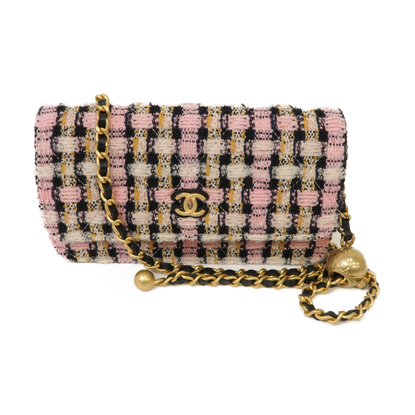 CHANEL 斜紋軟呢Chain Shoulder Bag金扣鏈帶肩背袋粉紅色