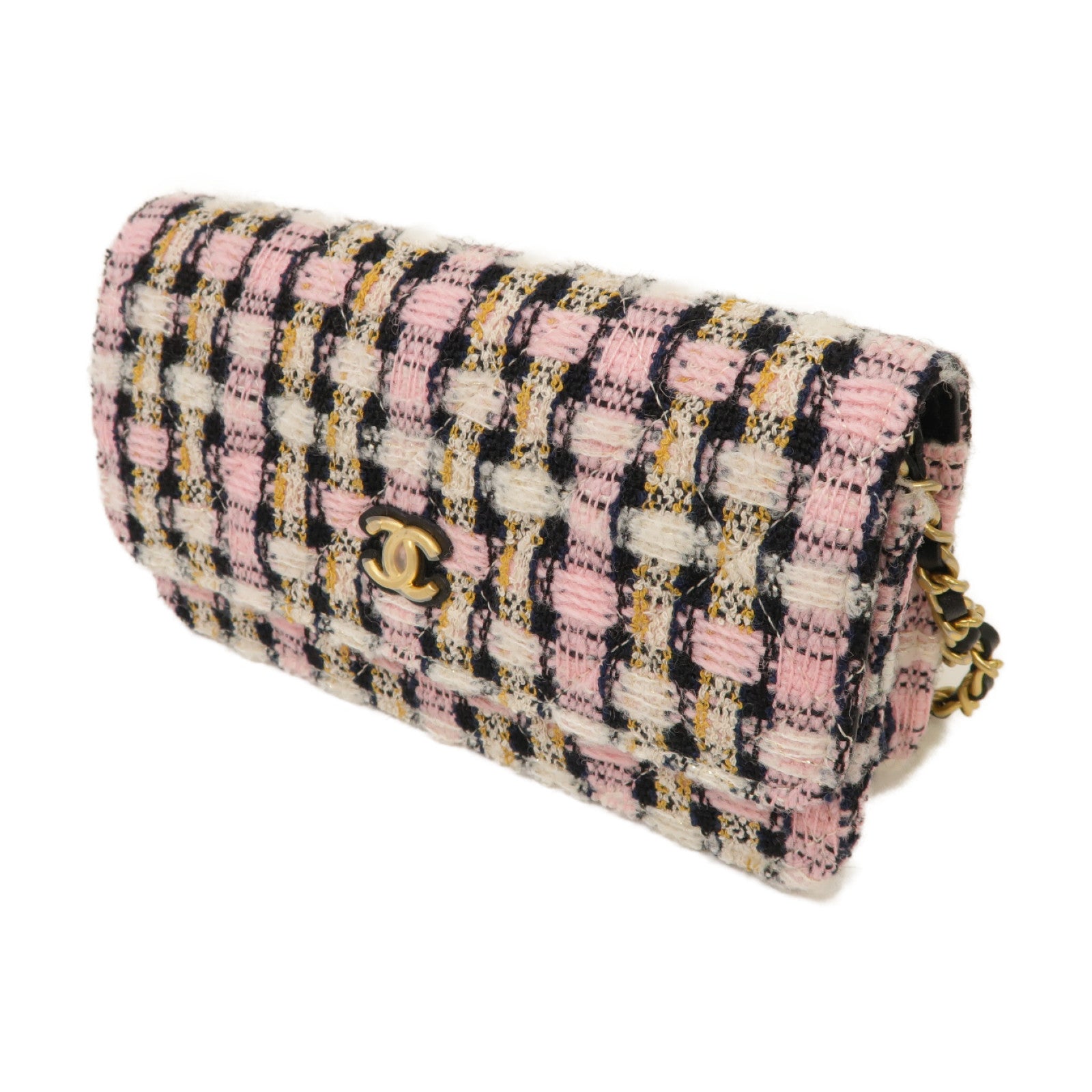 CHANEL 斜紋軟呢Chain Shoulder Bag金扣鏈帶肩背袋粉紅色