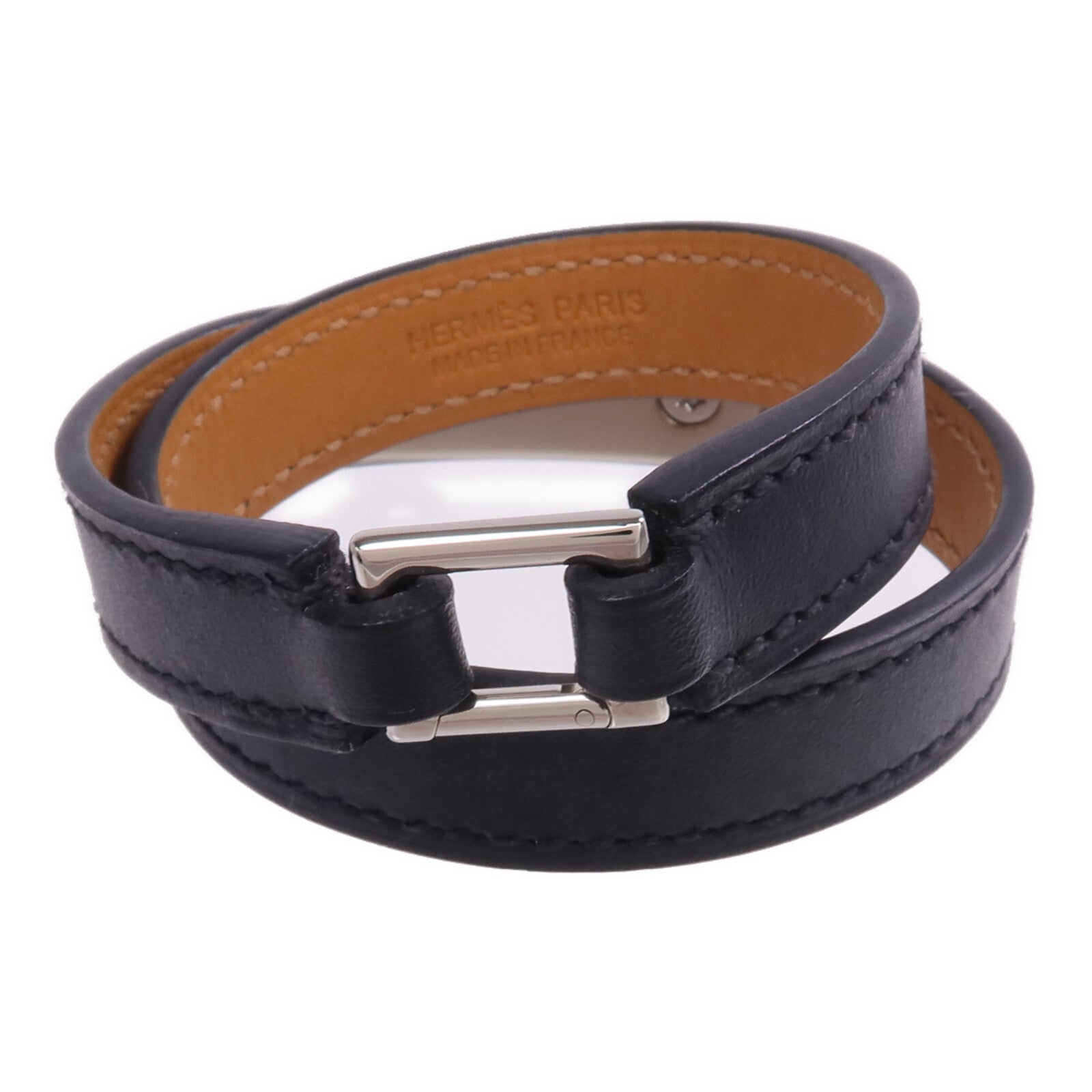 HERMES 【激減優惠】Swift皮革Rivale Double Tour Bracelet銀扣手帶Noir
