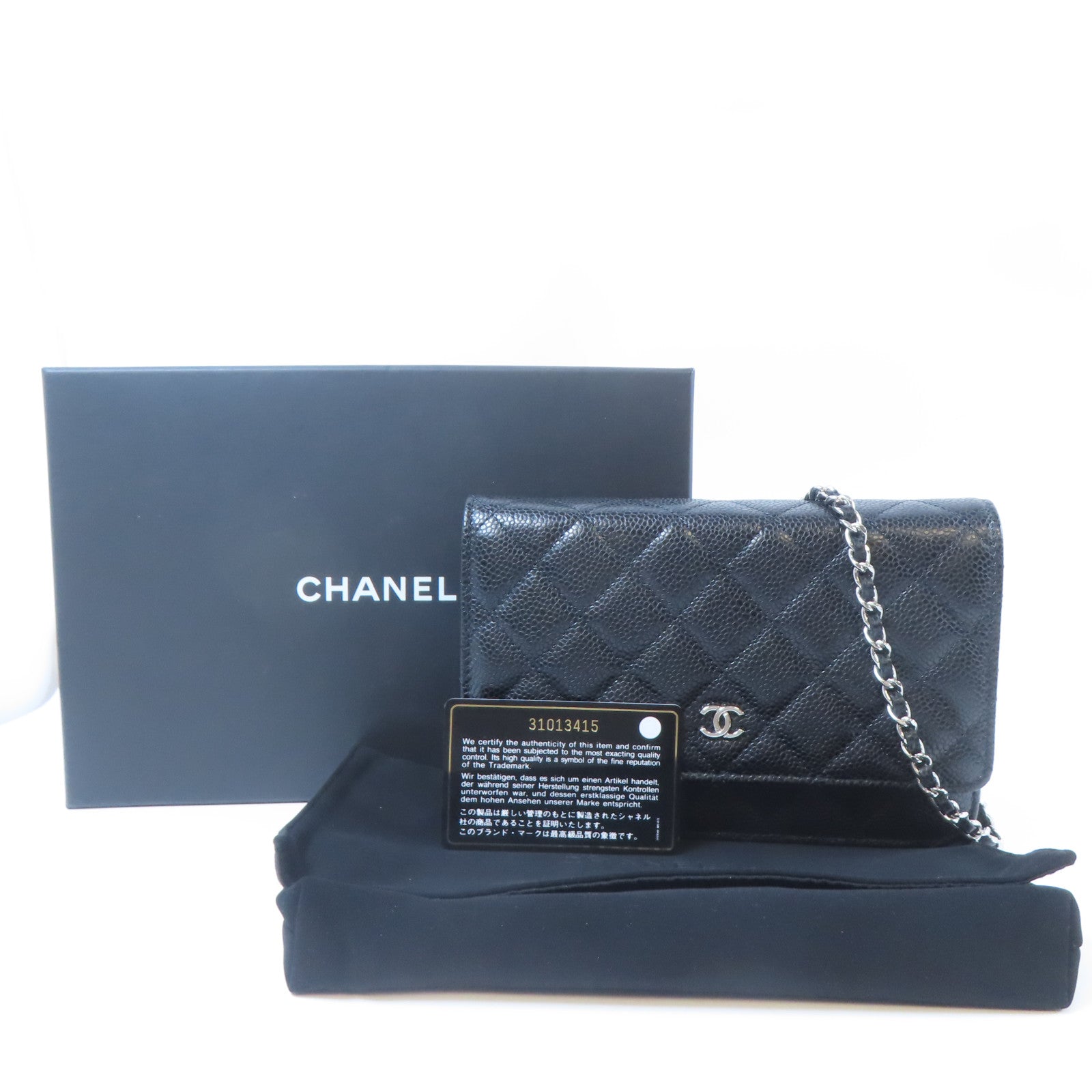 CHANEL 菱格Caviar皮革WOC銀扣鏈帶肩背袋黑色