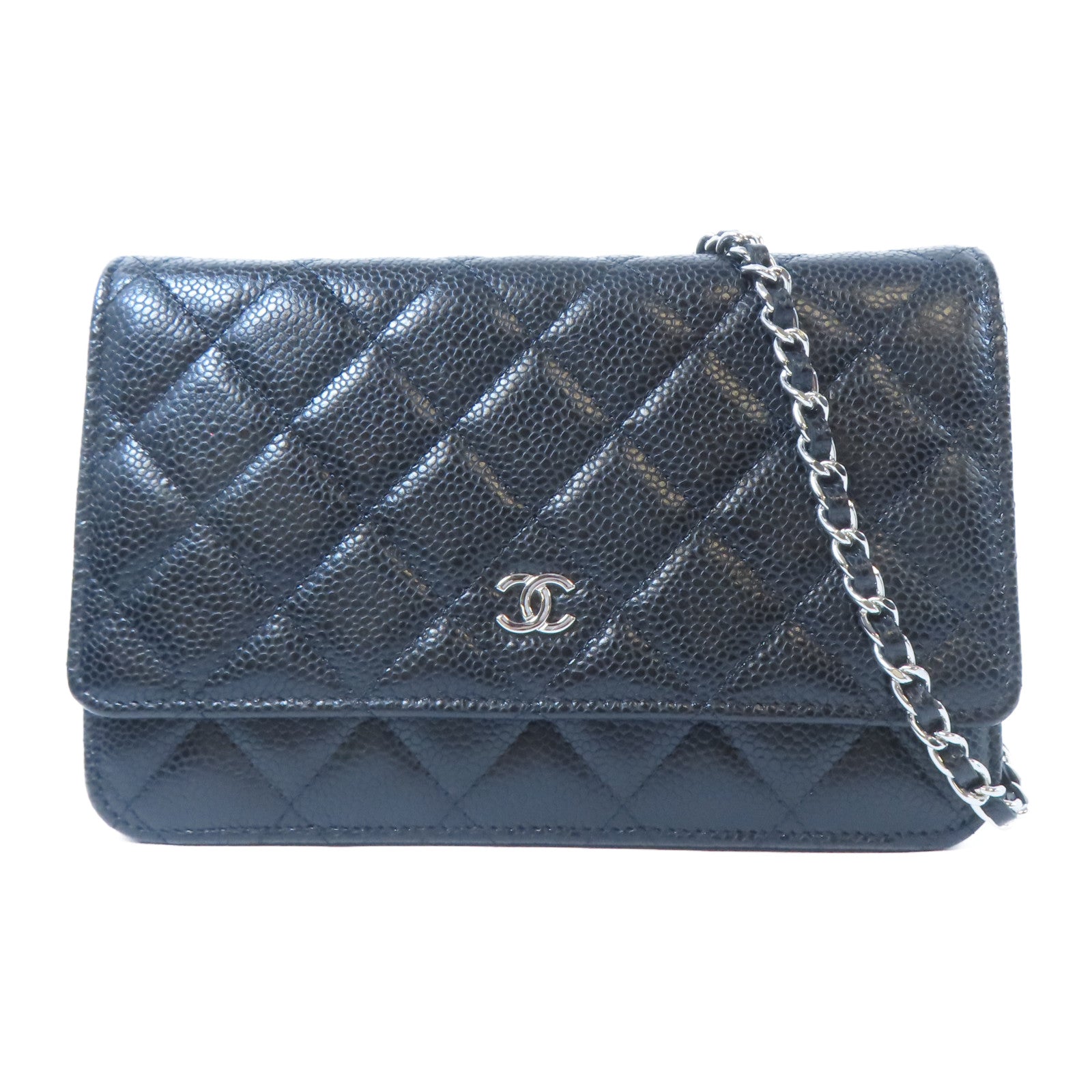 CHANEL 菱格Caviar皮革WOC銀扣鏈帶肩背袋黑色