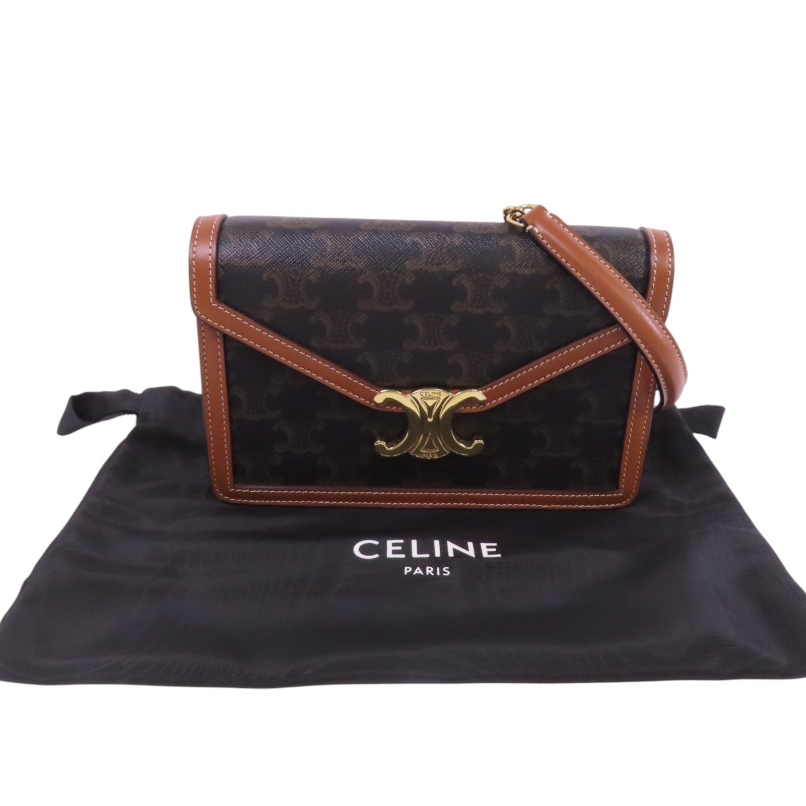 CELINE Triomphe帆布Margo金扣鏈帶肩背袋