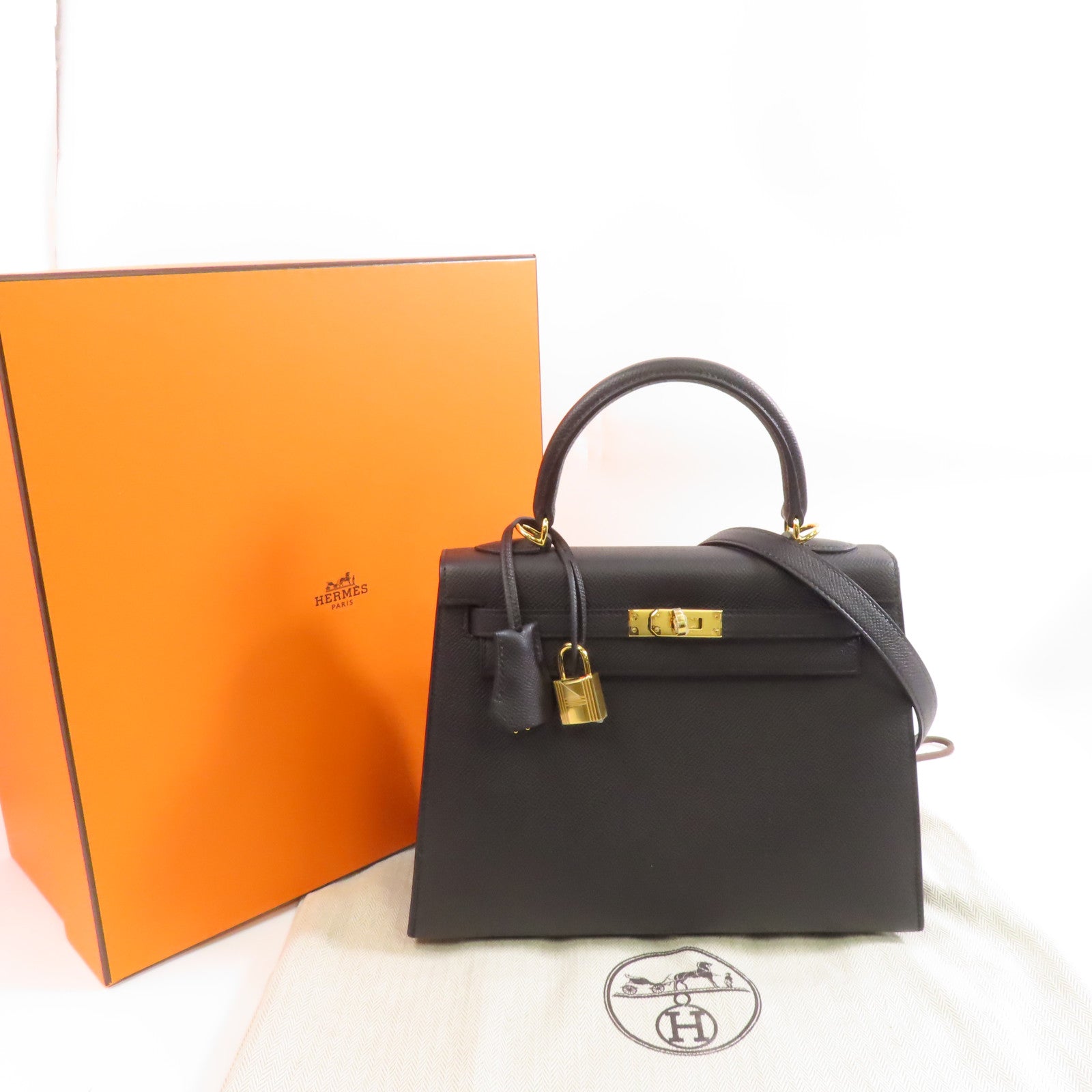 HERMES Epsom皮革Kelly 25金扣手挽肩背兩用袋Noir黑色
