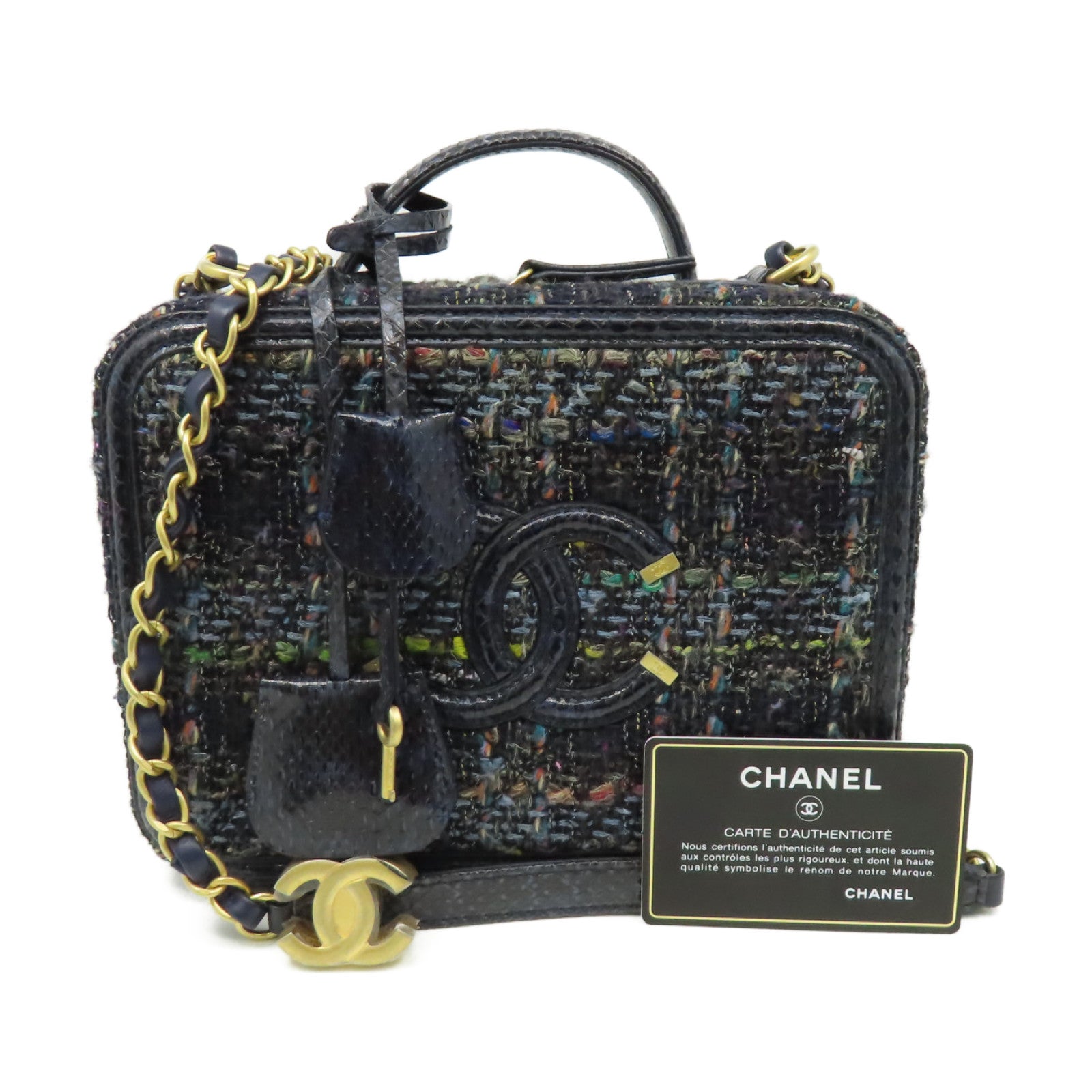 CHANEL 【激減優惠】斜紋軟呢/蛇皮皮革Vanity Case Medium 2Way Shoulder Bag金扣鏈帶手挽肩背兩用袋深藍色