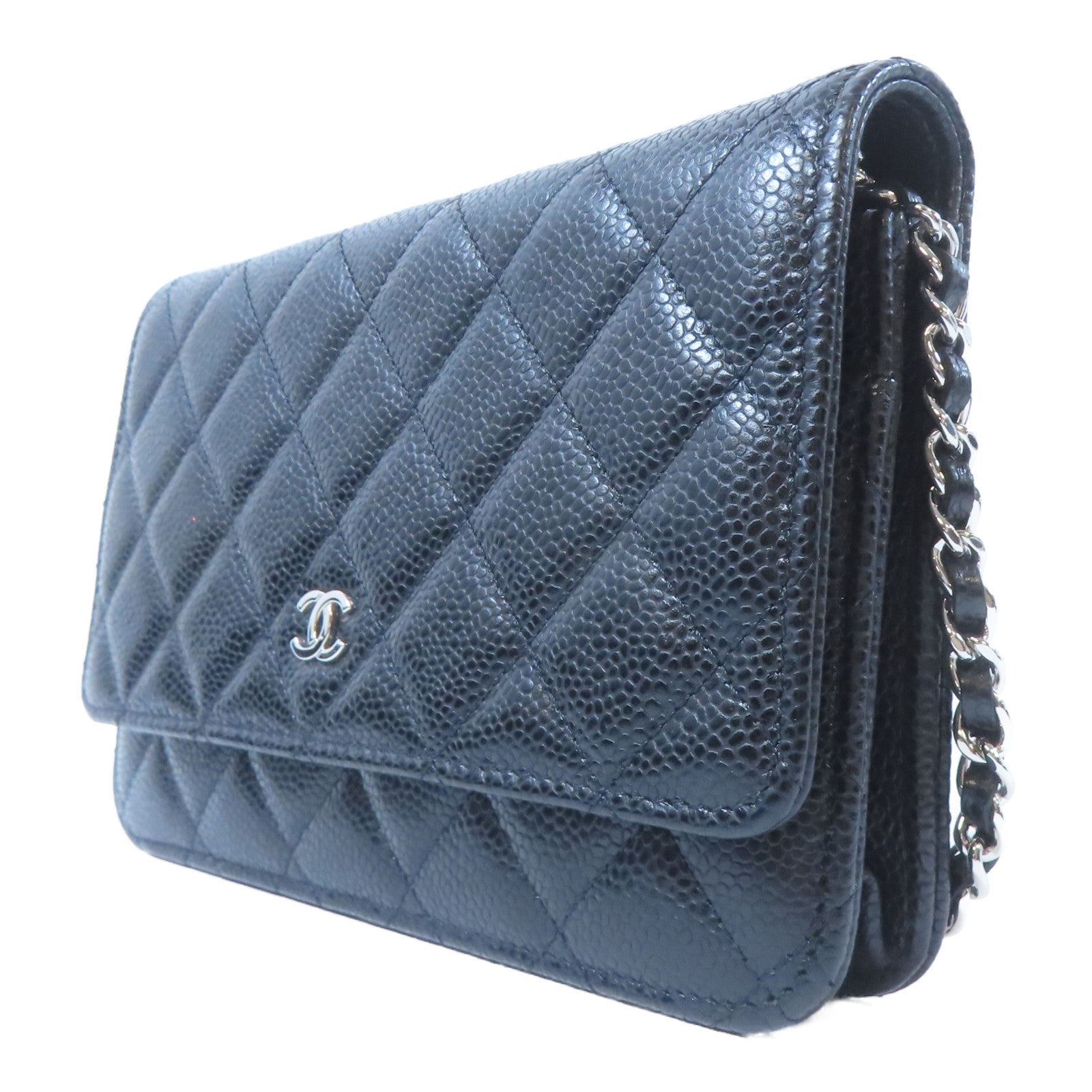 CHANEL 菱格Caviar皮革WOC銀扣鏈帶肩背袋黑色